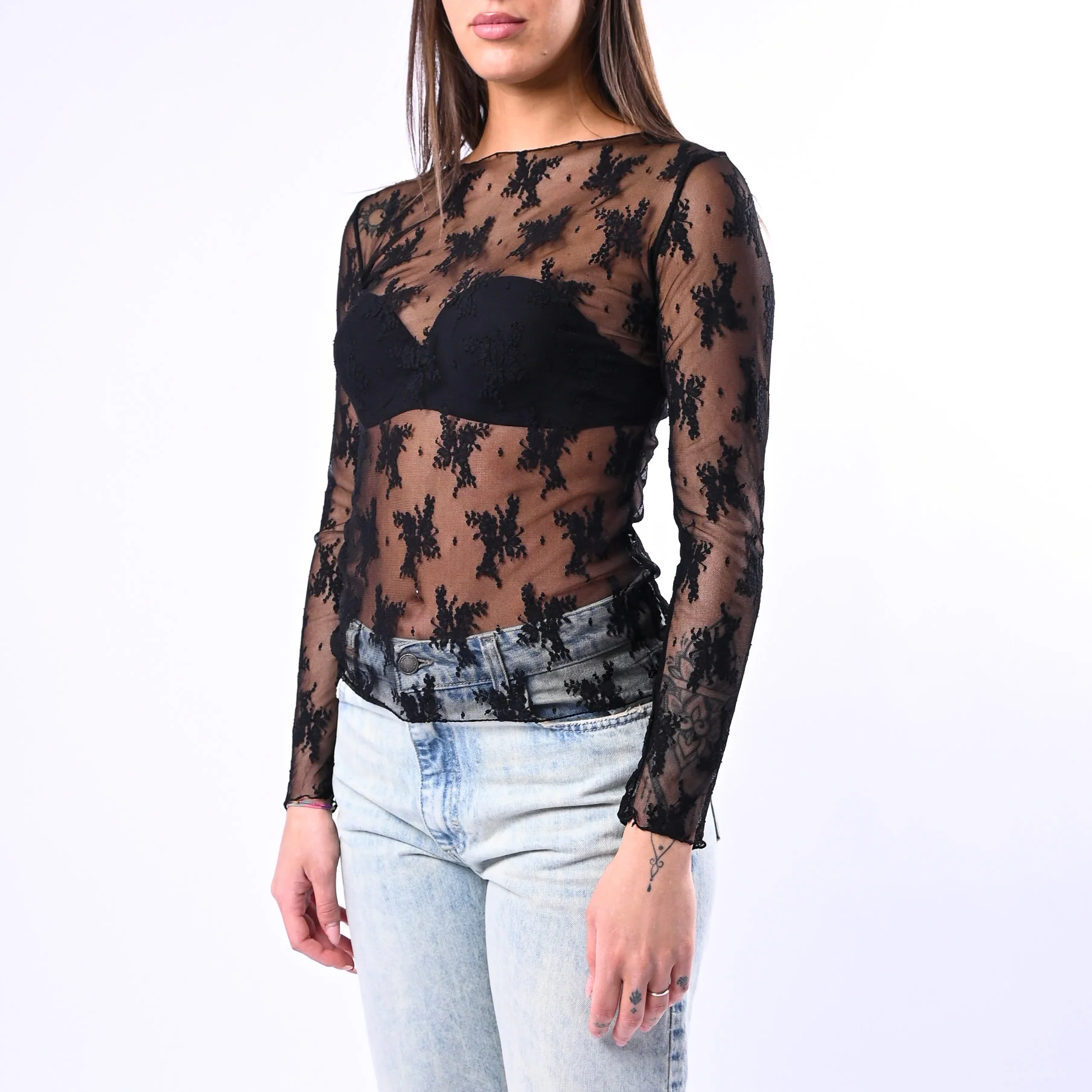 B LOVE - BLUSA IN PIZZO SCOLLO BARCHETTA ART.11817P - NERO - Image 3