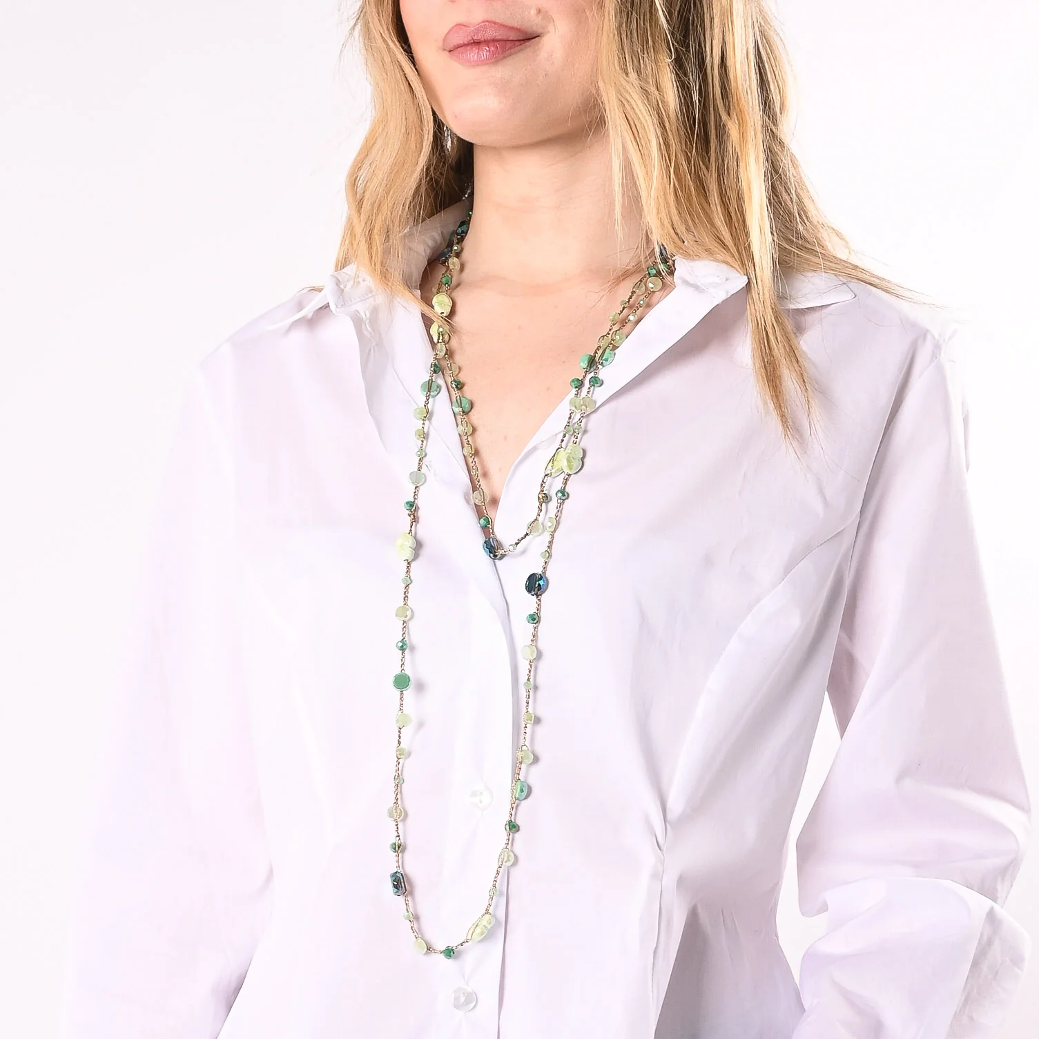 B LOVE - COLLANA LUNGA FILO INTRECCIATO E PERLINE ART. A1195/OS - ORO/SALVIA