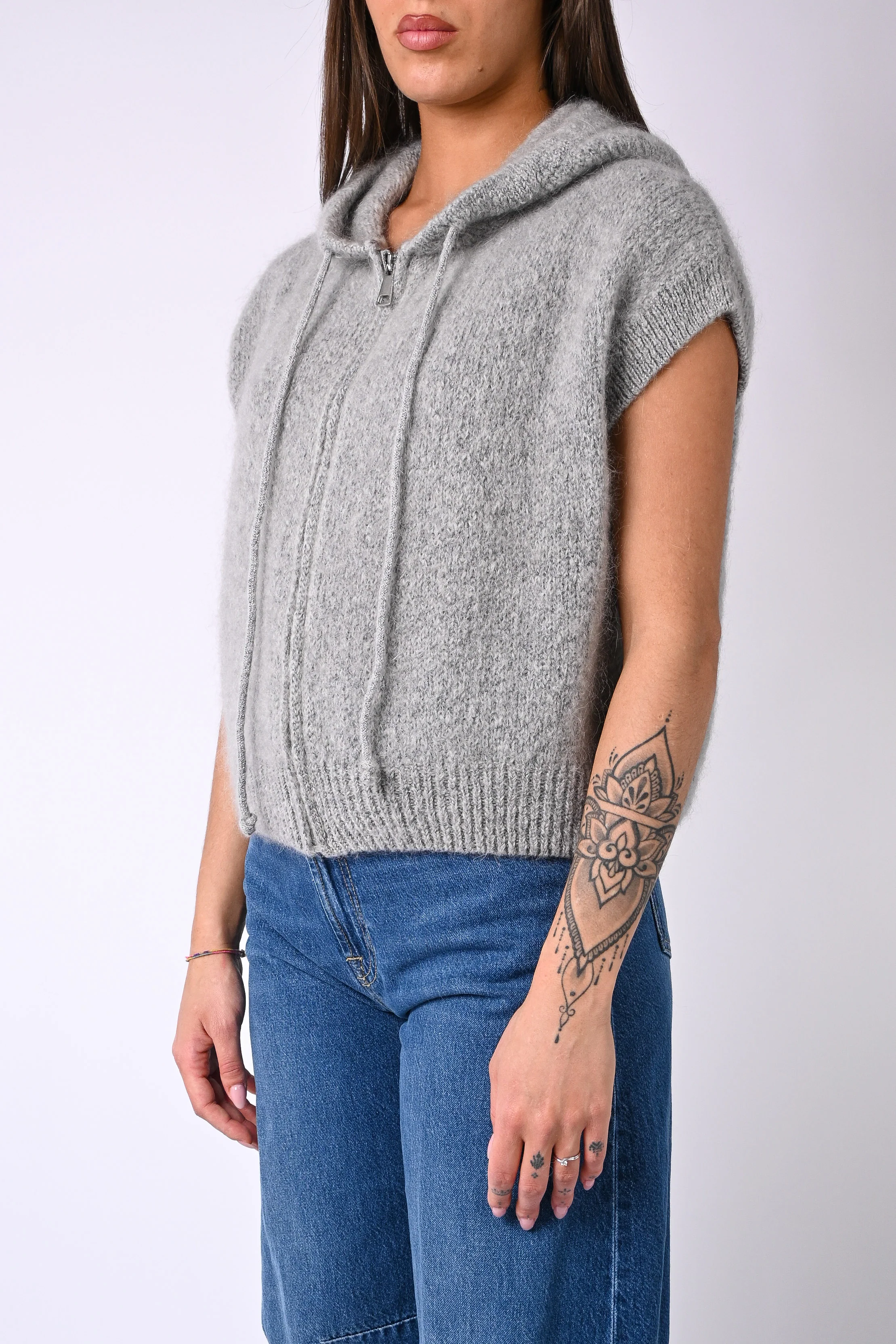 B LOVE - GILET SPORTY CON CAPUCCIO IN MOHAIR ART.8827 - GRIGIO - Image 3