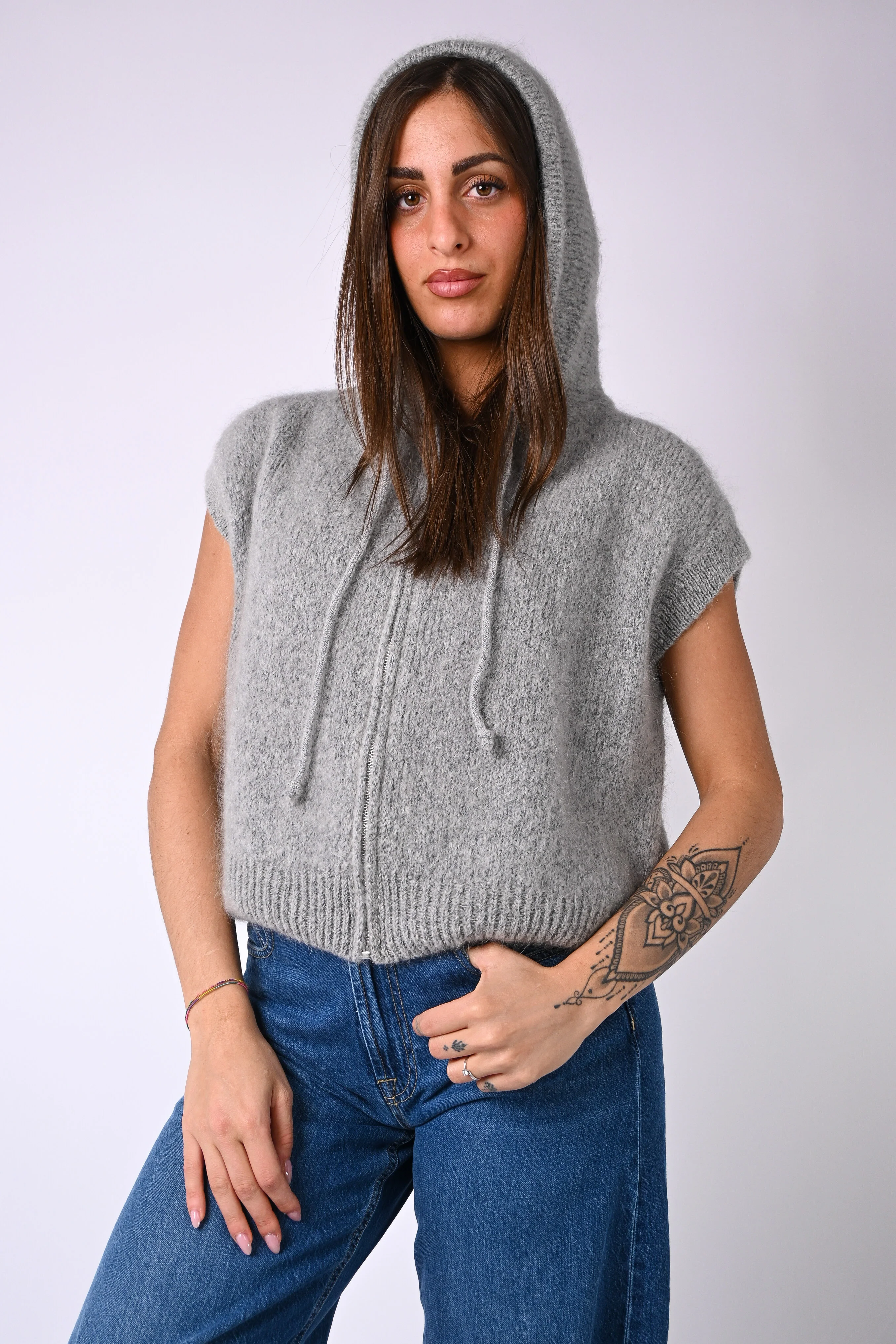 B LOVE - GILET SPORTY CON CAPUCCIO IN MOHAIR ART.8827 - GRIGIO - Image 5