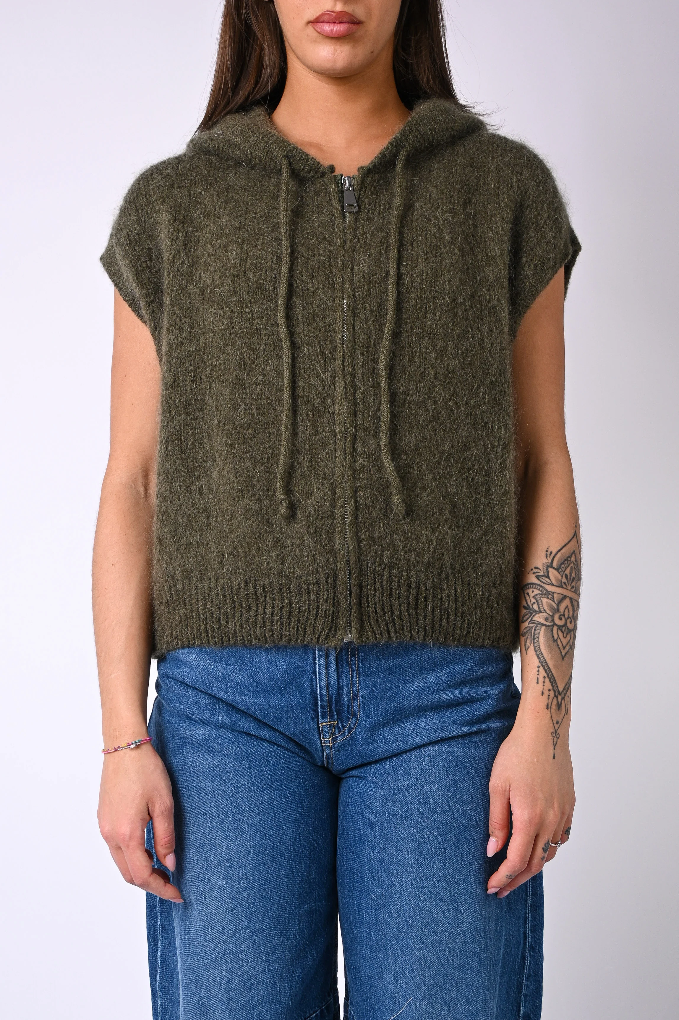 B LOVE - GILET SPORTY CON CAPUCCIO IN MOHAIR ART.8827 - MILITARE - Image 2