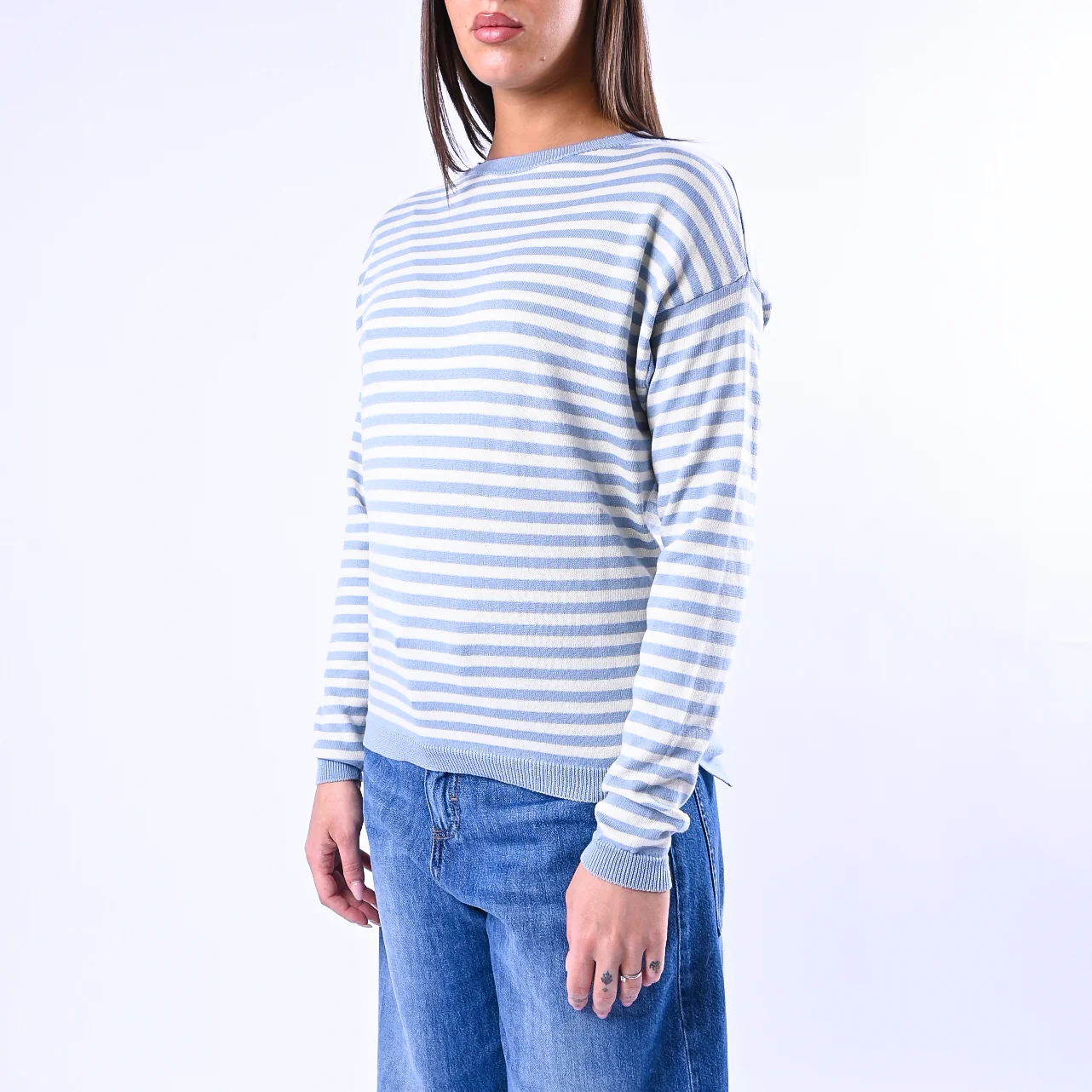 B LOVE - MAGLIA RIGHE SCOLLO BARCHETTA ART.C225 - PANNA/CELESTE - Image 3