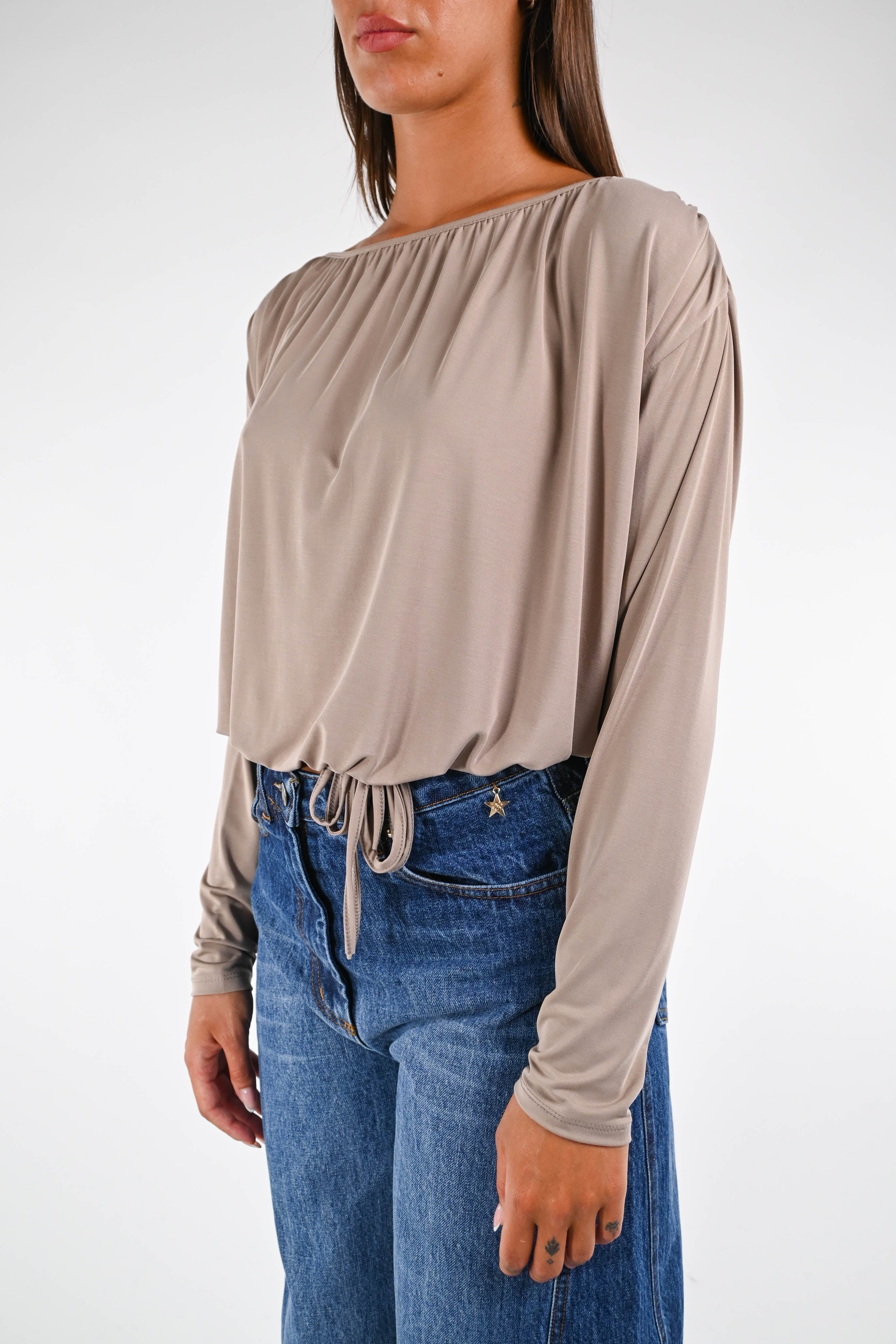 B LOVE - T-SHIRT MODAL SCOLLO SHIFFER ART.11582M - TORTORA - Image 3