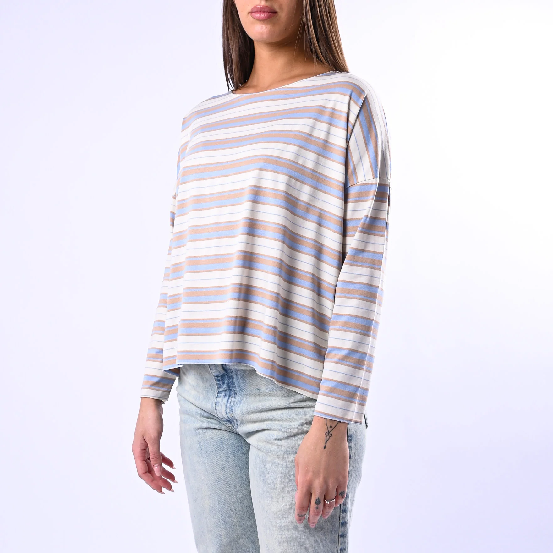B LOVE - T-SHIRT RIGA A SCATOLA IN VISCOSA ART.10023 - PANNA/CAMMELLO/CELESTE - Image 3