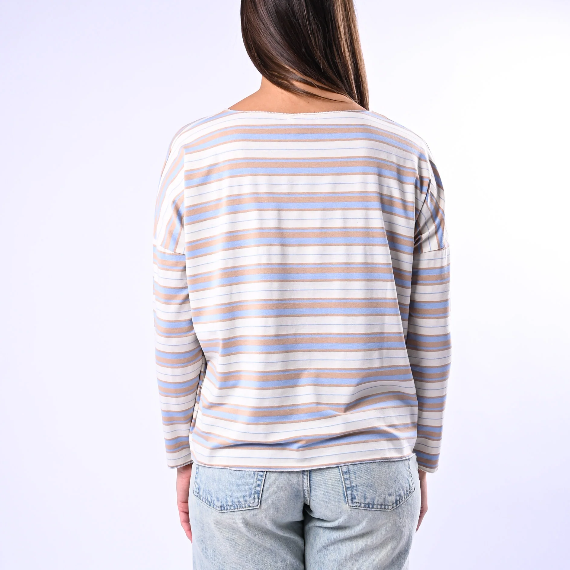 B LOVE - T-SHIRT RIGA A SCATOLA IN VISCOSA ART.10023 - PANNA/CAMMELLO/CELESTE - Image 4
