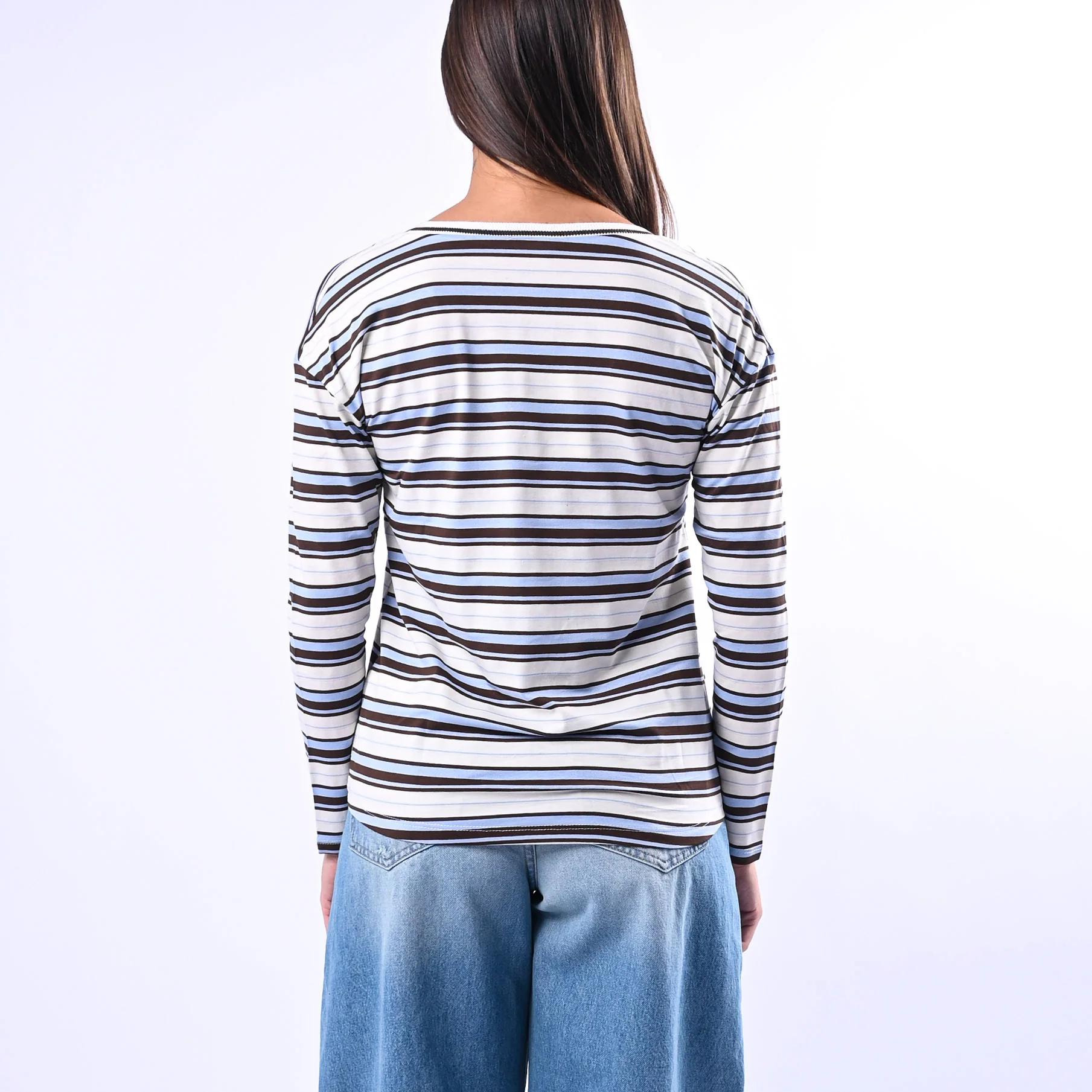 B LOVE - T-SHIRT RIGA SCOLLO V IN VISCOSA ART.12035 - PANNA/MORO/CELESTE - Image 4