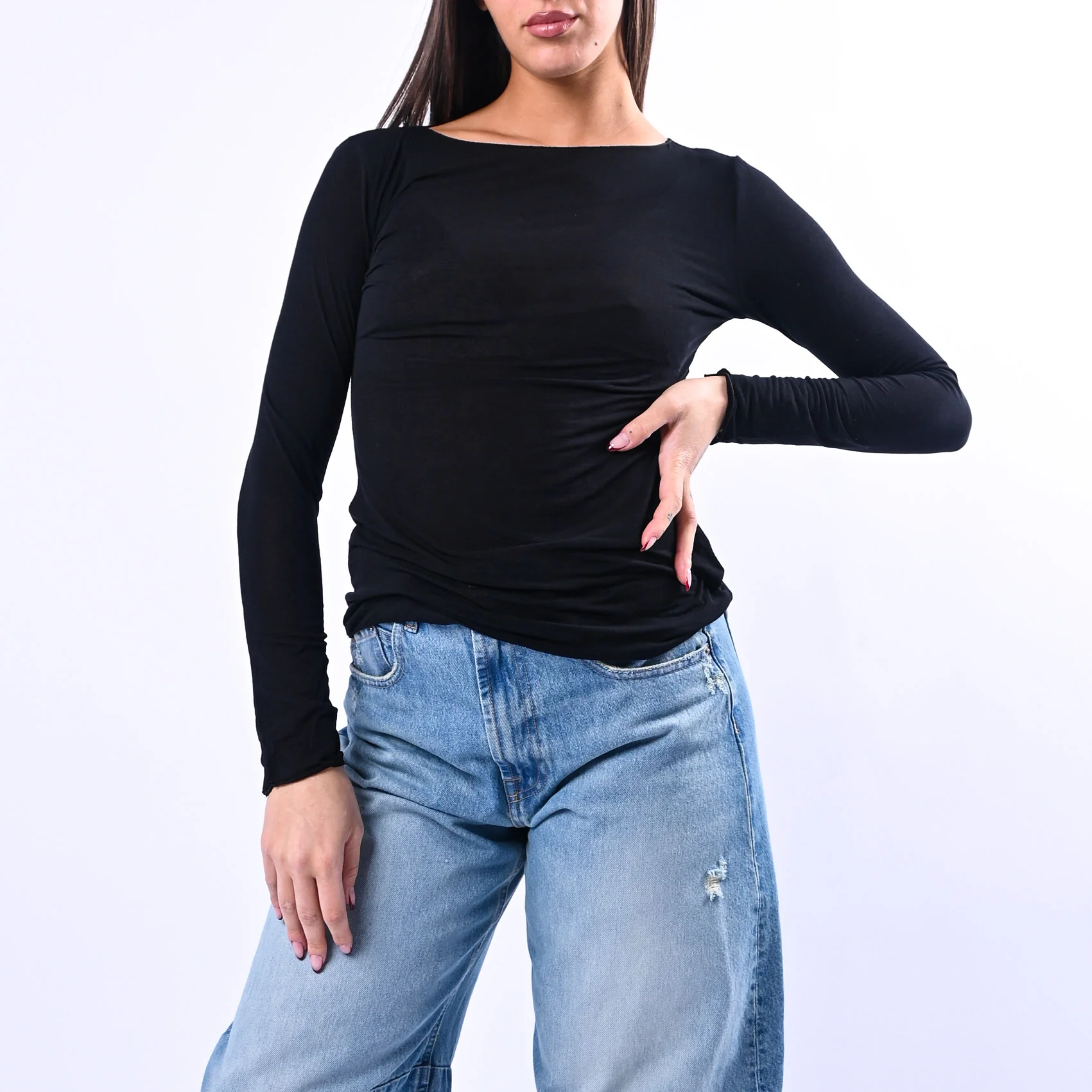 B LOVE - T-SHIRT SCOLLO BARCHETTA MISTO SETA ART.10987/PE - NERO
