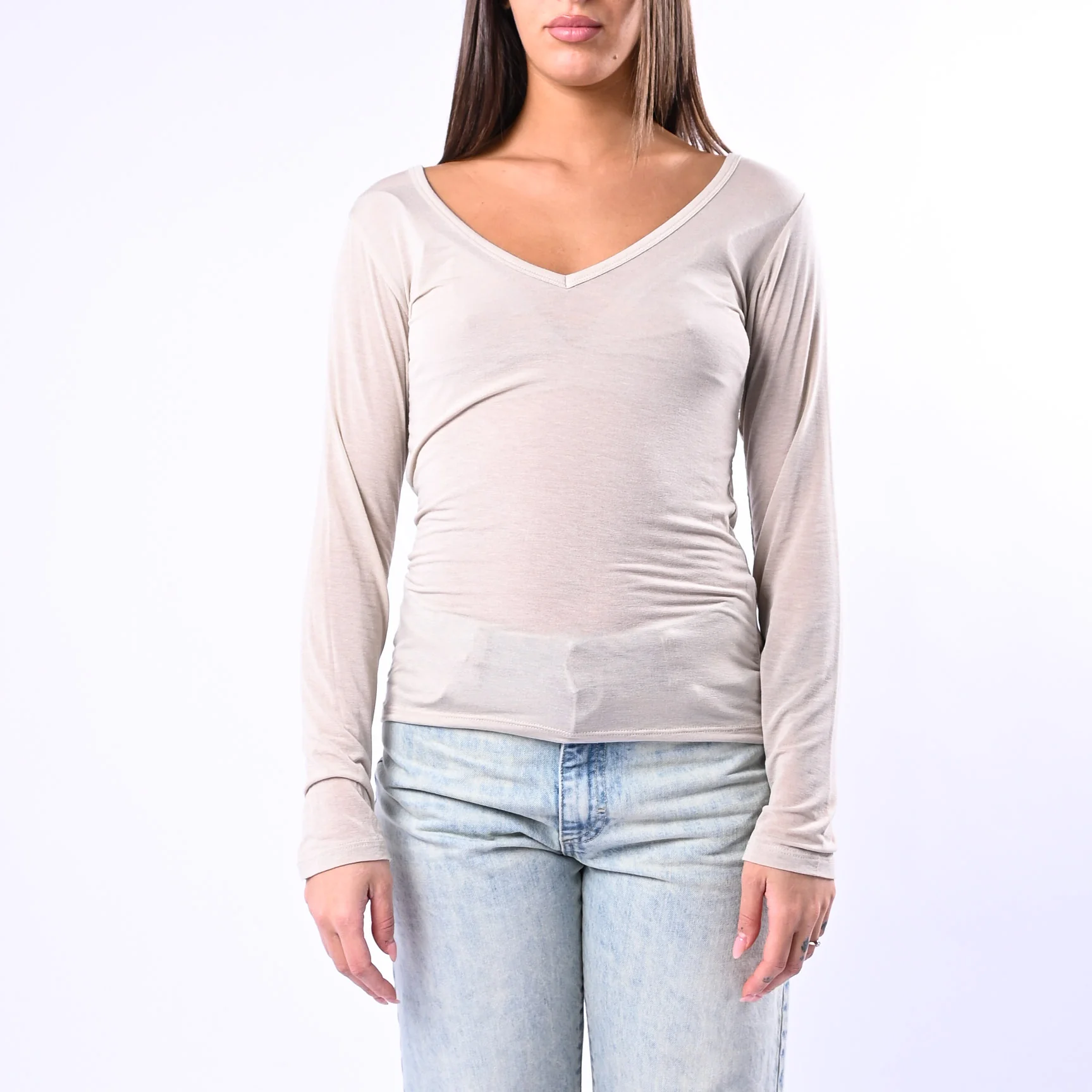 B LOVE - T-SHIRT SCOLLO V MISTO SETA ART.9490 - BEIGE - Image 2