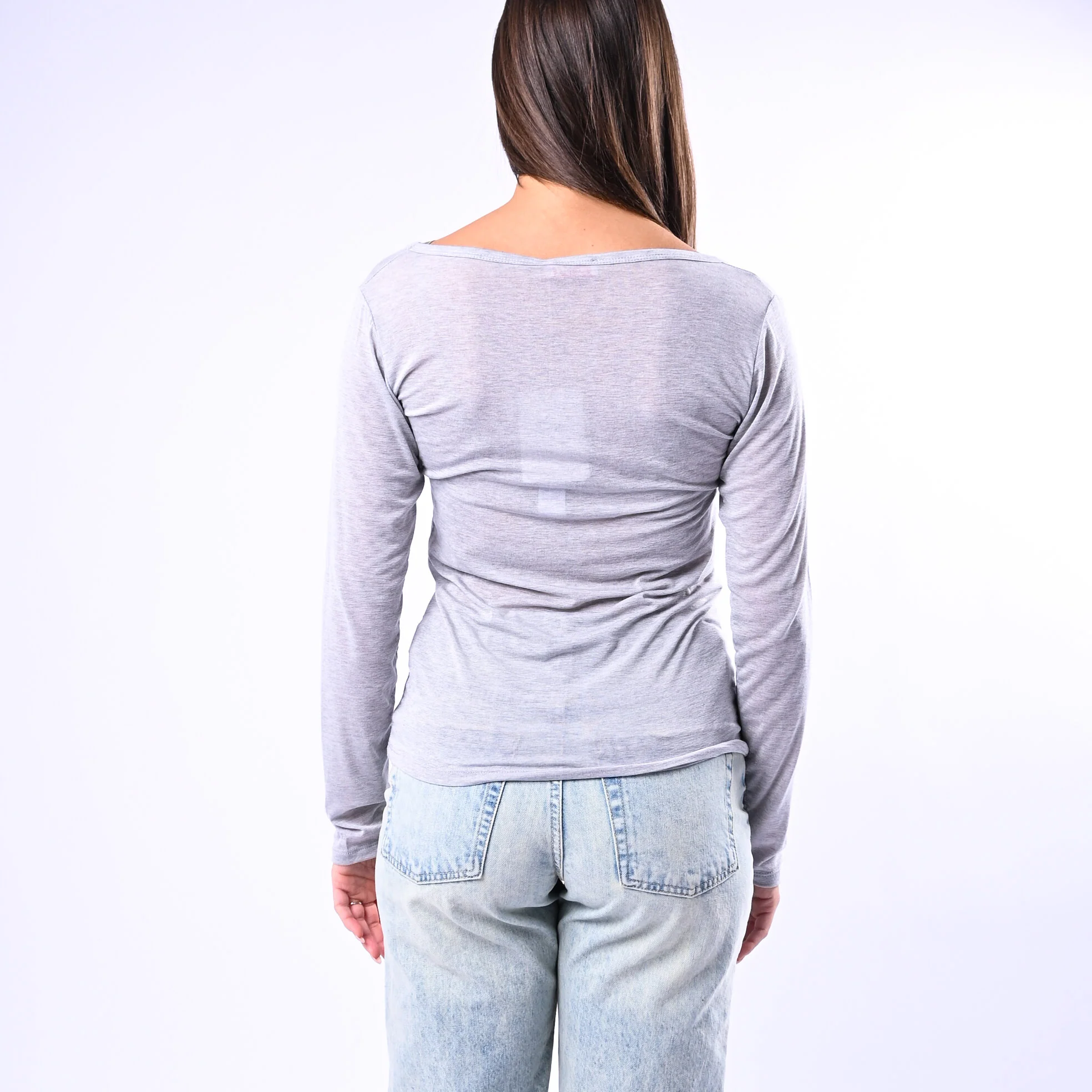 B LOVE - T-SHIRT SCOLLO V MISTO SETA ART.9490 - GRIGIO MELANGE - Image 4