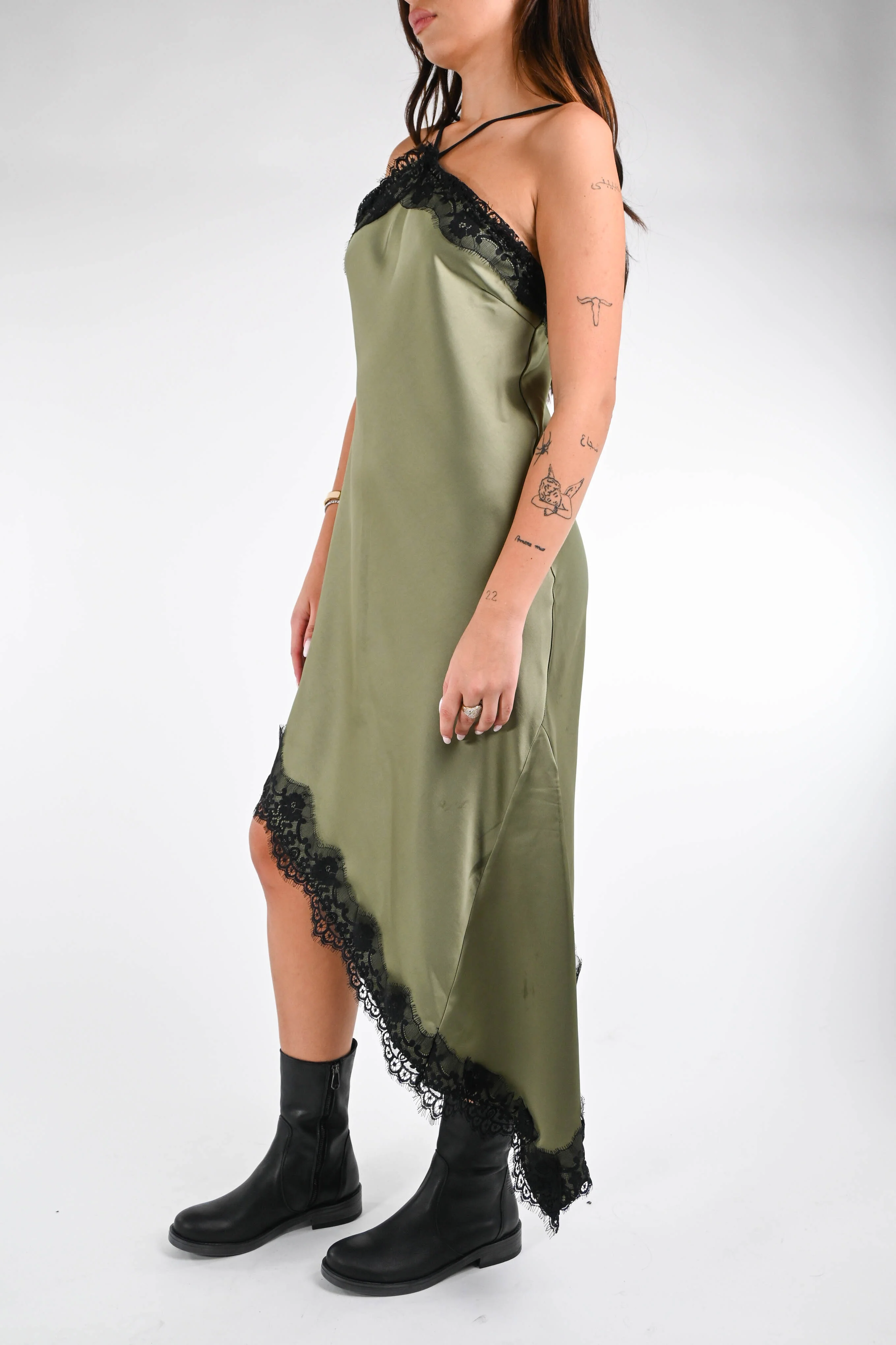 HAVEONE - ABITO SATIN+PIZZO ASSIMETRICO ART.AVS-P050 - MILITARE - Image 3