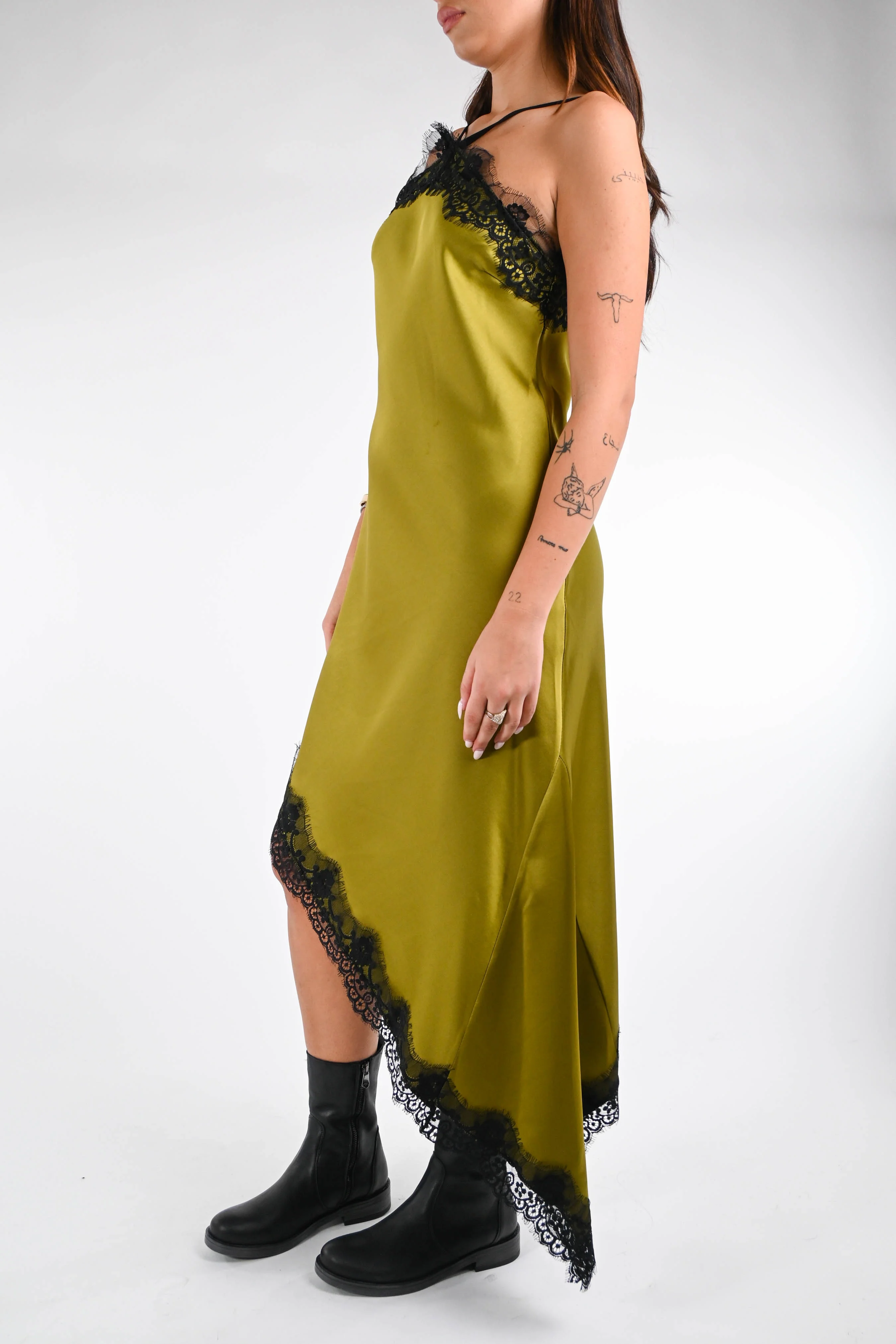 HAVEONE - ABITO SATIN+PIZZO ASSIMETRICO ART.AVS-P050 - OLIO - Image 3