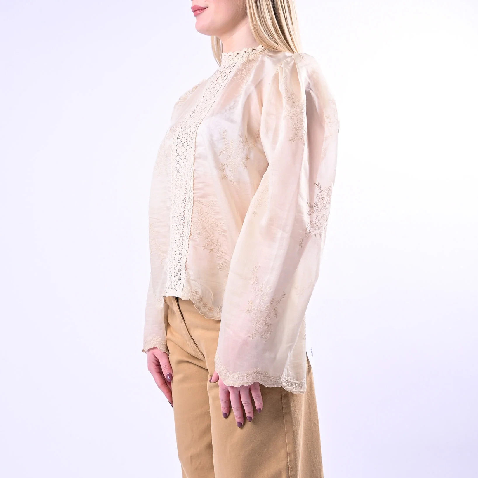 HAVEONE - BLUSA CON PASSAMANERIA MANICA SBUFFO ART.CMA-Q199 - BEIGE - Image 3
