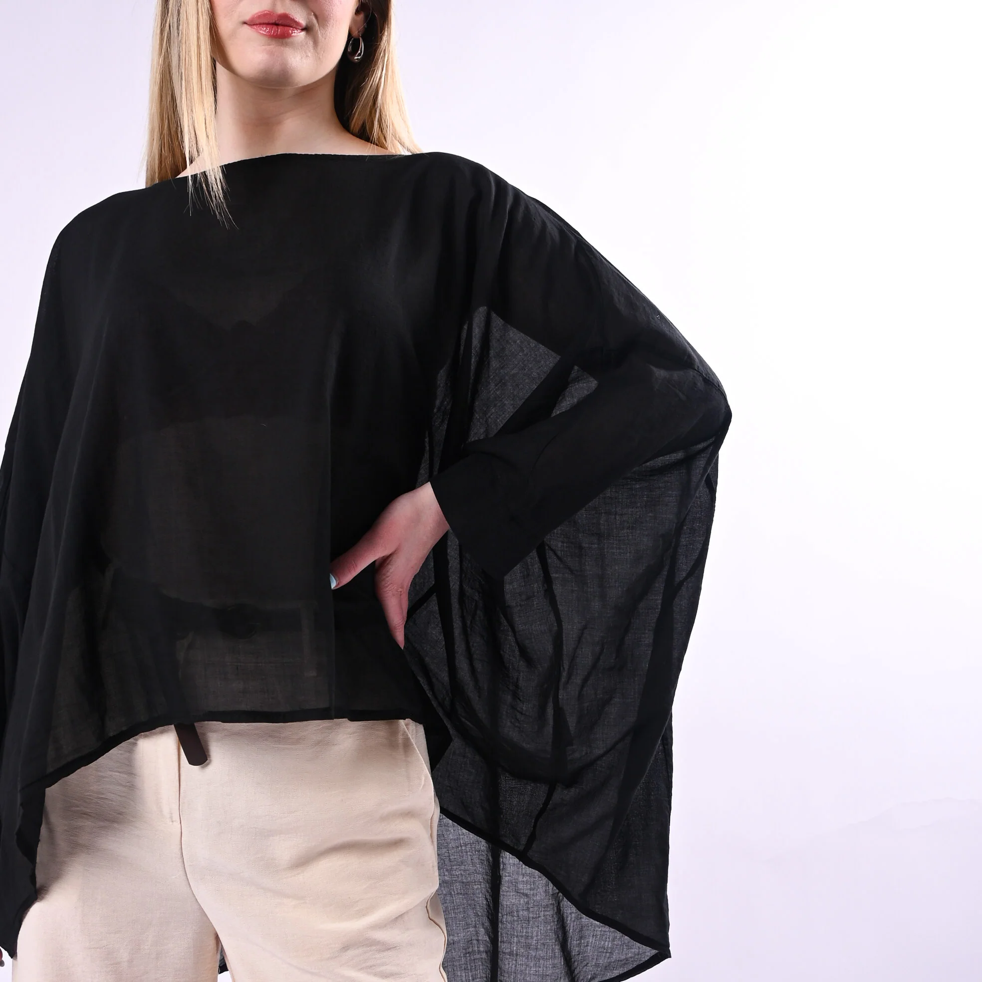 HAVEONE - BLUSA OVER AMPIA IN MUSSOLA ART.CMA-Q390/N - NERO - Image 5