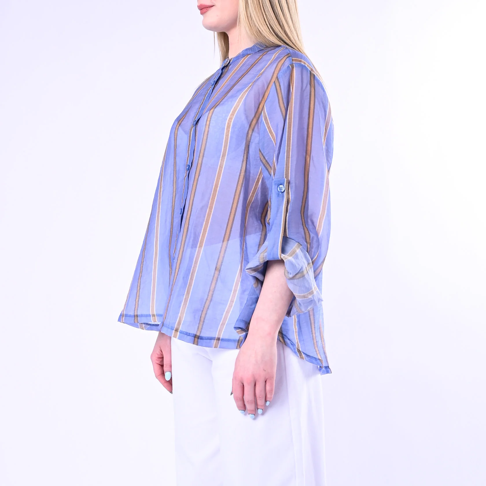HAVEONE - CAMICIA OVER GESSATA IN LYOCELL ART.CVS-Q361/CM - CELESTE/CAMMELLO - Image 3