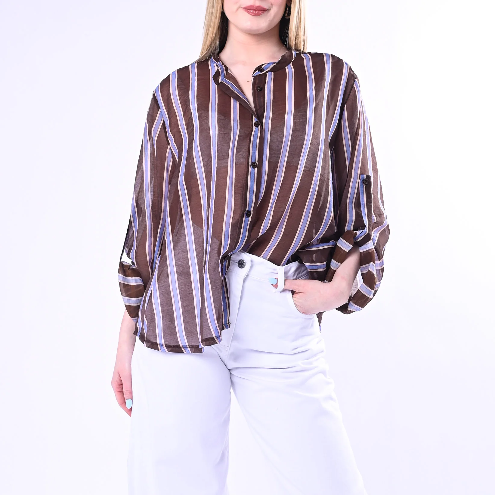 HAVEONE - CAMICIA OVER GESSATA IN LYOCELL ART.CVS-Q361/MC - MORO/CELESTE