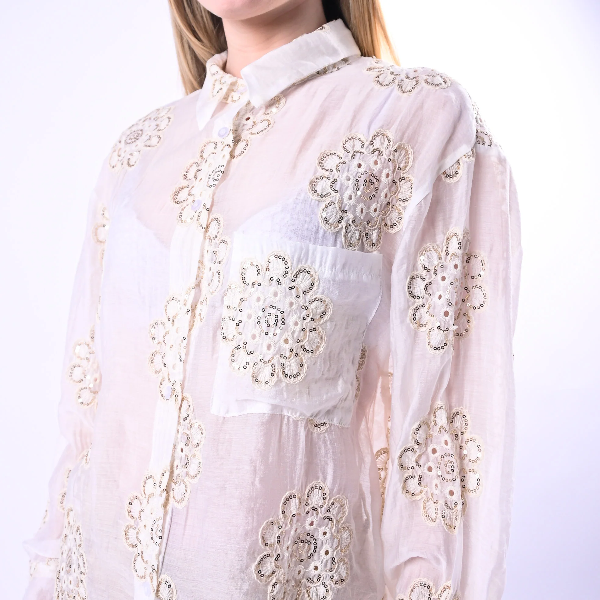 HAVEONE - CAMICIA RICAMO FIORE CON PIALLETTES ART.CFW-Q167 - BURRO - Image 5