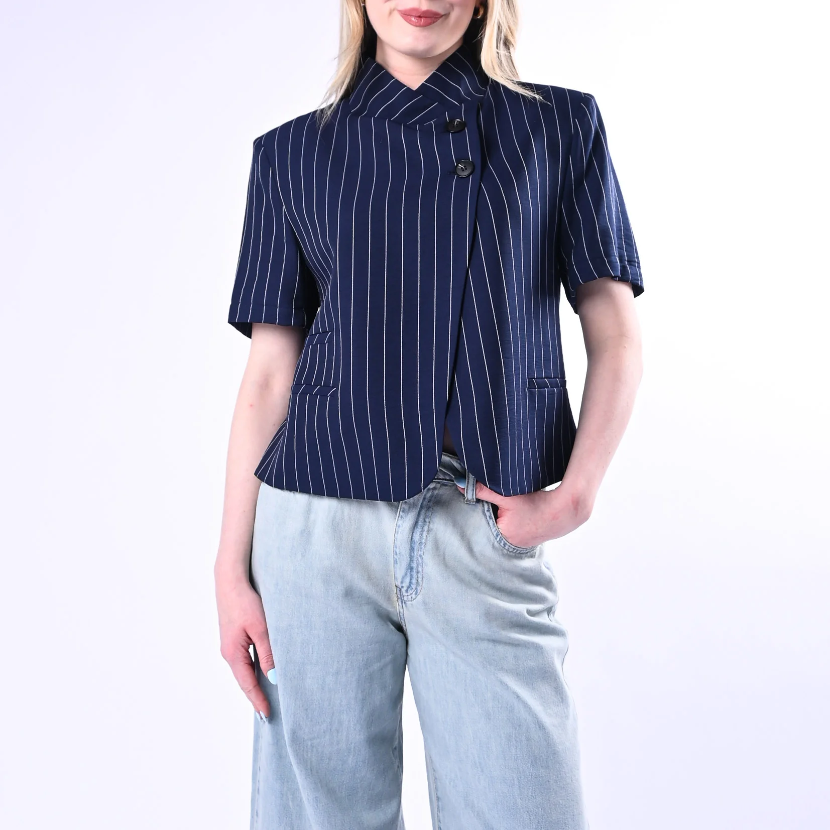 HAVEONE - GIACCA GESSATA MEZZZA MANICA BOTTONI SPOSTATI ART.JMN-Q115/BL - BLU