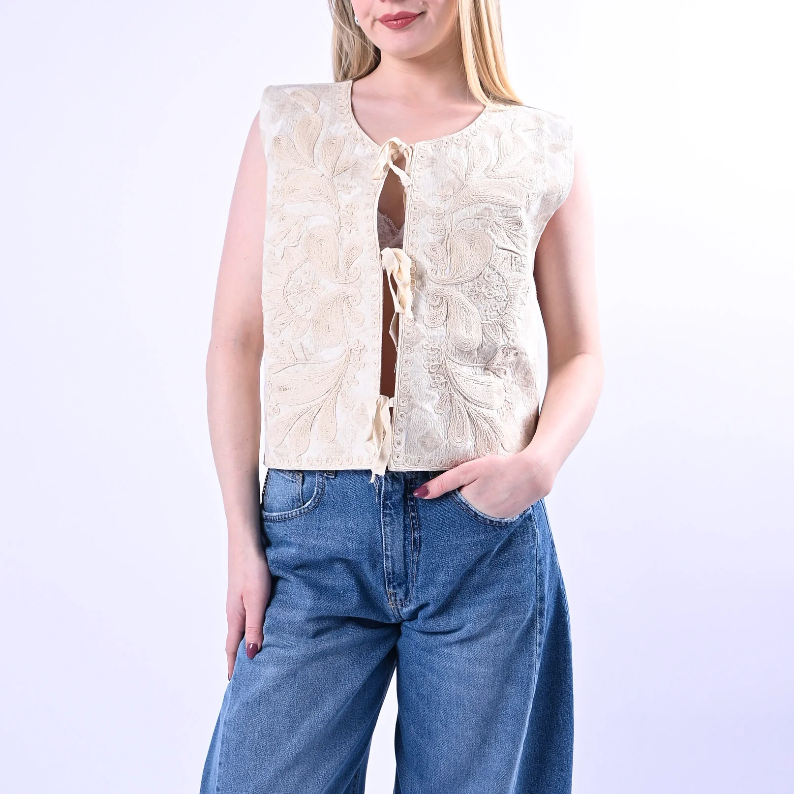 HAVEONE - GILET RICAMATO CON LACCETTI ART.LSS-Q023 - BEIGE