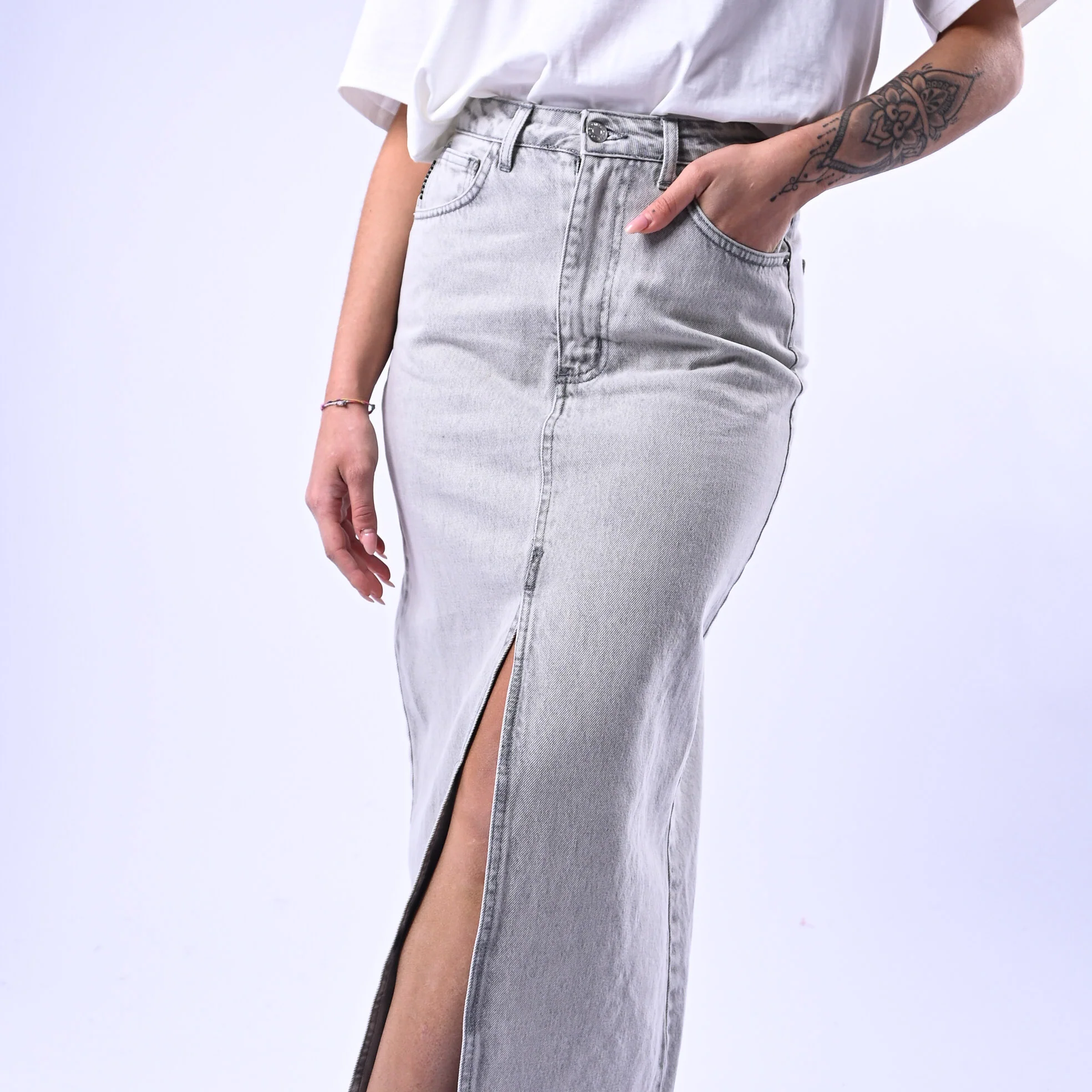 HAVEONE - GONNA LONGUETTE DENIM CON SPACCO ART.GGZ-Q030 - GRIGIO - Image 5