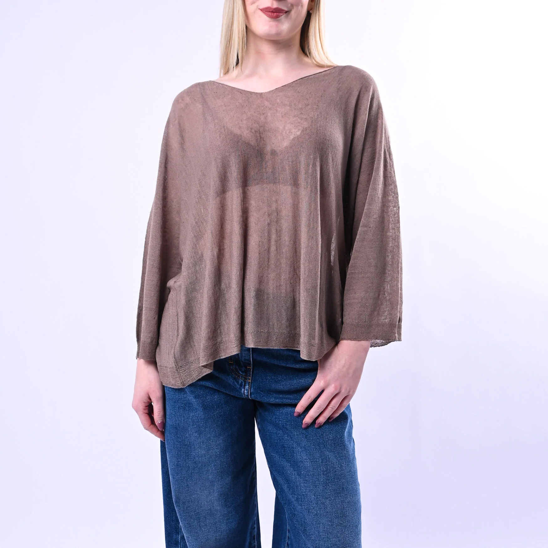 HAVEONE - MAGLIA OVER SCOLLO V IN LINO ART.MMG-Q114/C - CAFFE'