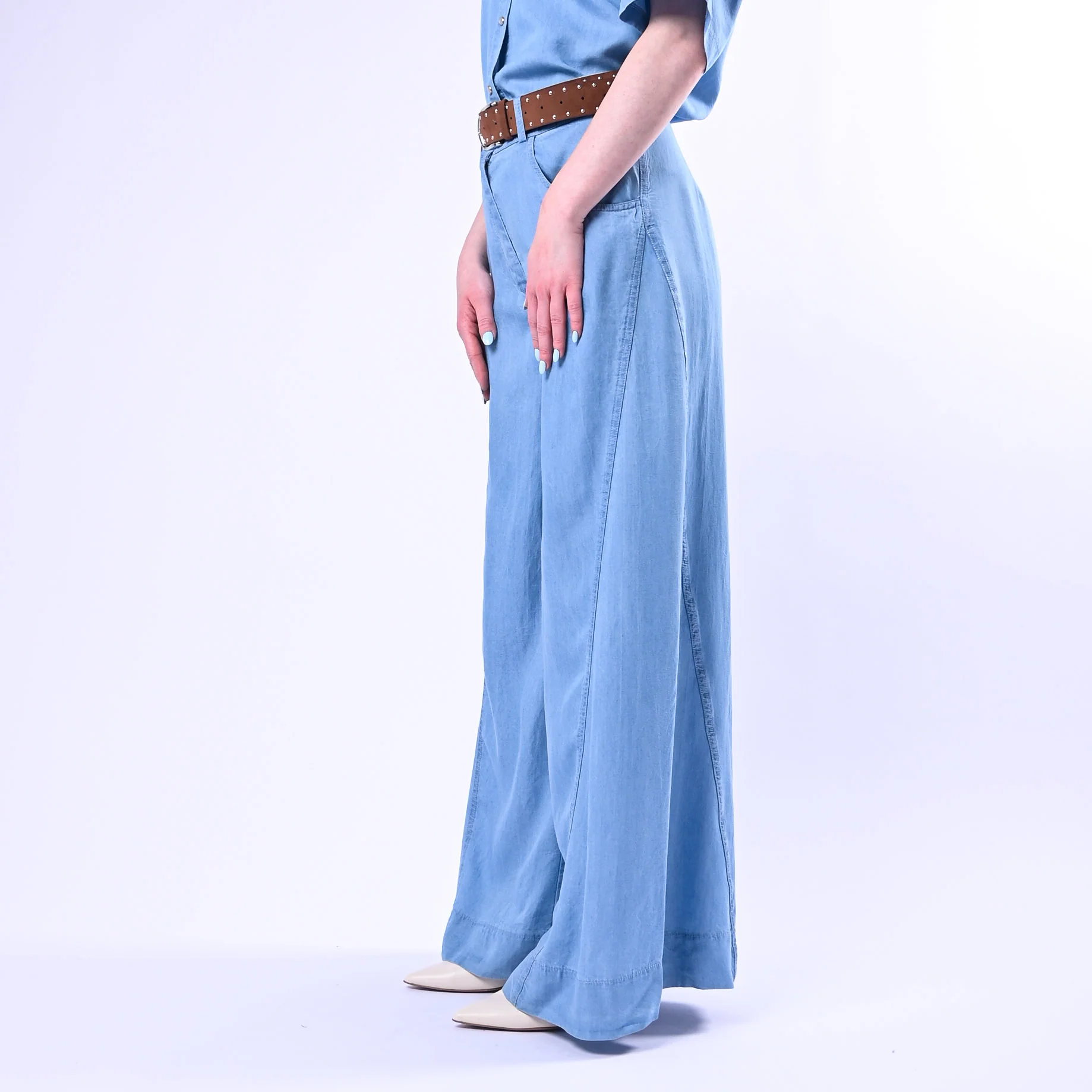 HAVEONE - PANTALONE CHAMBRAY WIDE LEG ART.PVS-Q393/C - CELESTE - Image 3