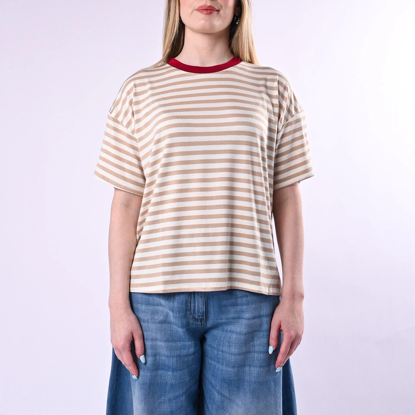 HAVEONE - T-SHIRT RIGHE COLLO CONTRASTO ART.MJS-Q164/BPI - BEIGE/PANNA/INDIA - Image 2