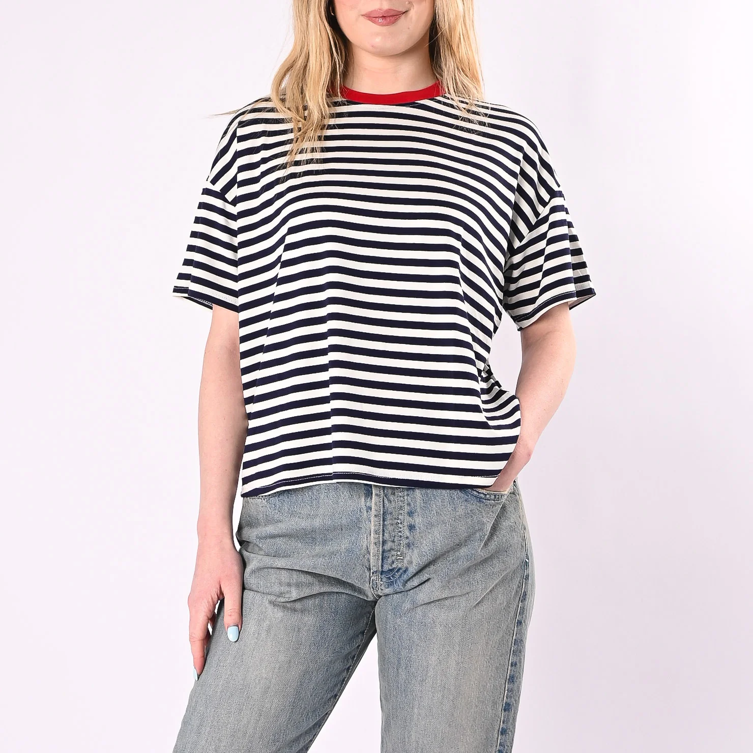 HAVEONE - T-SHIRT RIGHE COLLO CONTRASTO ART.MJS-Q164/BPR - BLU/PANNA/ROSSO
