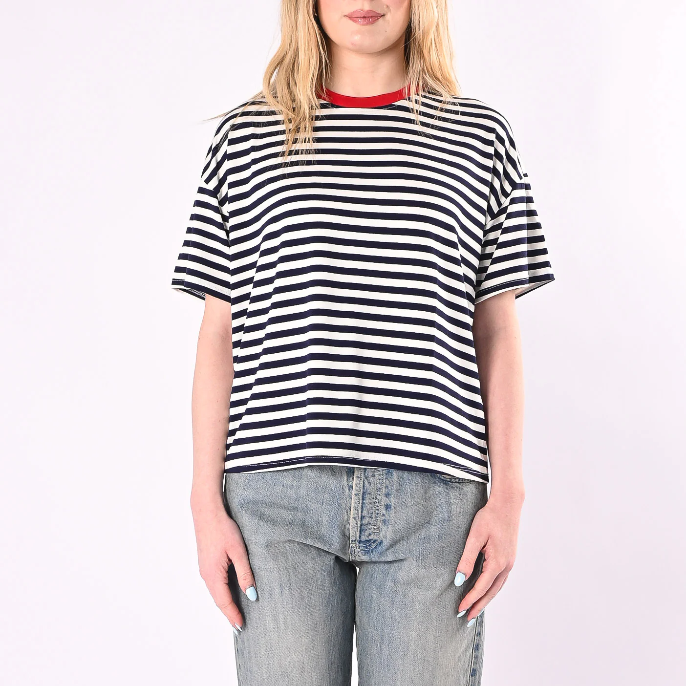 HAVEONE - T-SHIRT RIGHE COLLO CONTRASTO ART.MJS-Q164/BPR - BLU/PANNA/ROSSO - Image 2