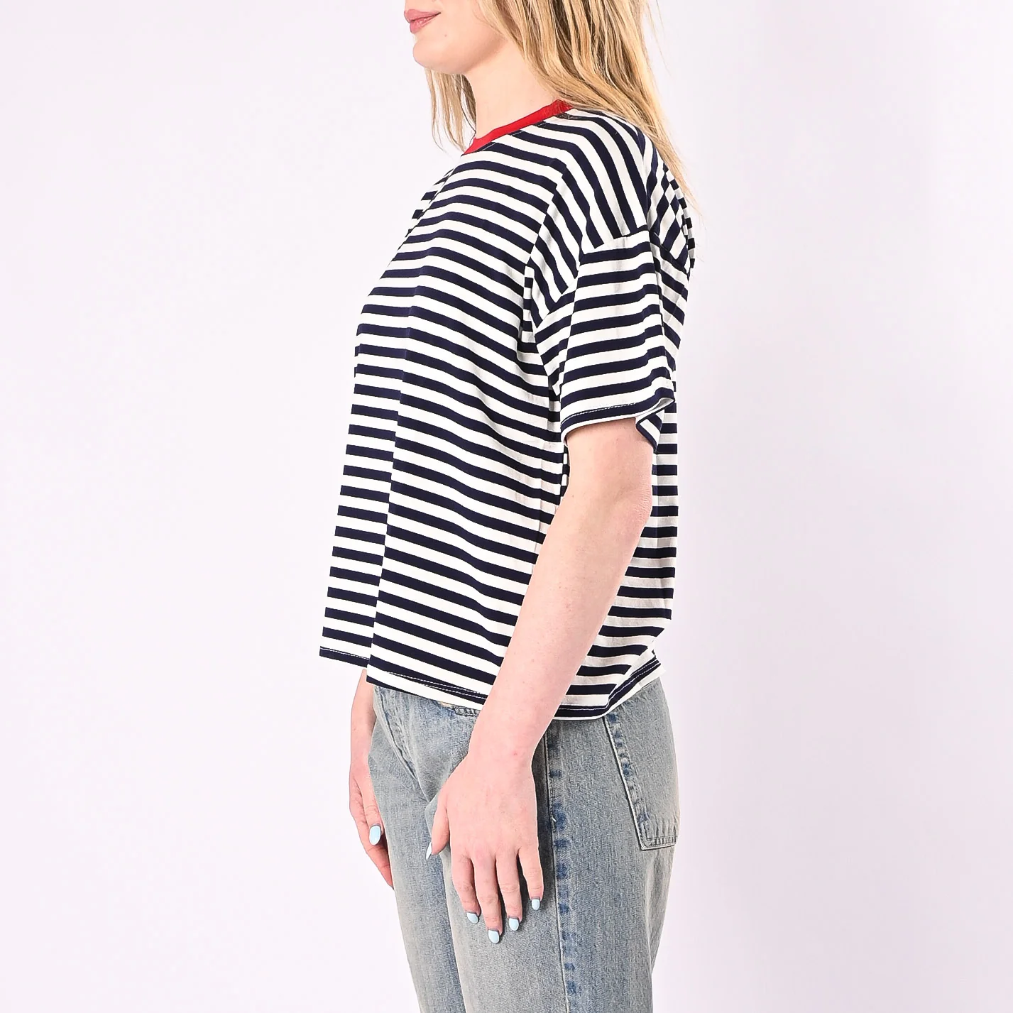 HAVEONE - T-SHIRT RIGHE COLLO CONTRASTO ART.MJS-Q164/BPR - BLU/PANNA/ROSSO - Image 3