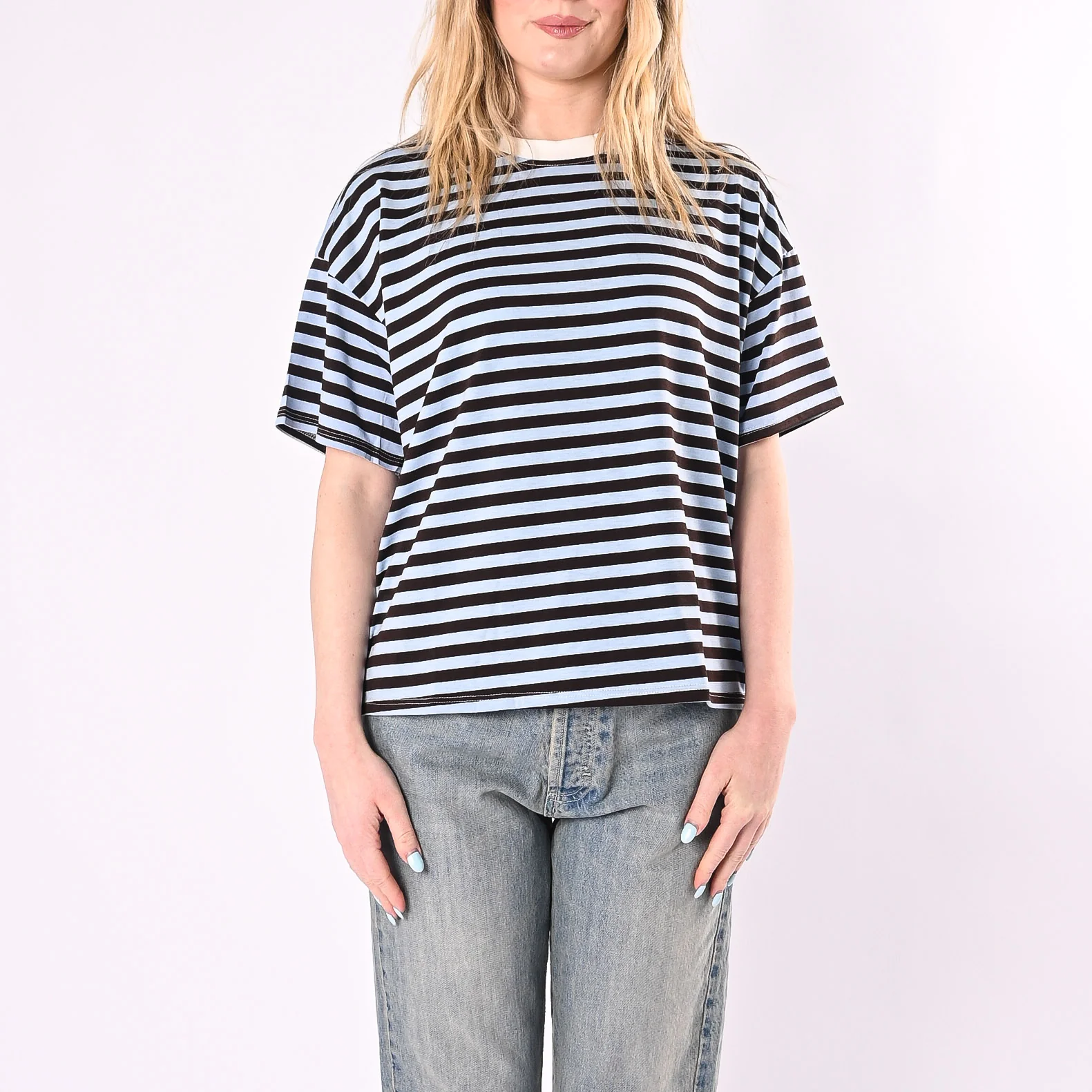 HAVEONE - T-SHIRT RIGHE COLLO CONTRASTO ART.MJS-Q164/CMB - CELESTE/MORO/BURRO - Image 2