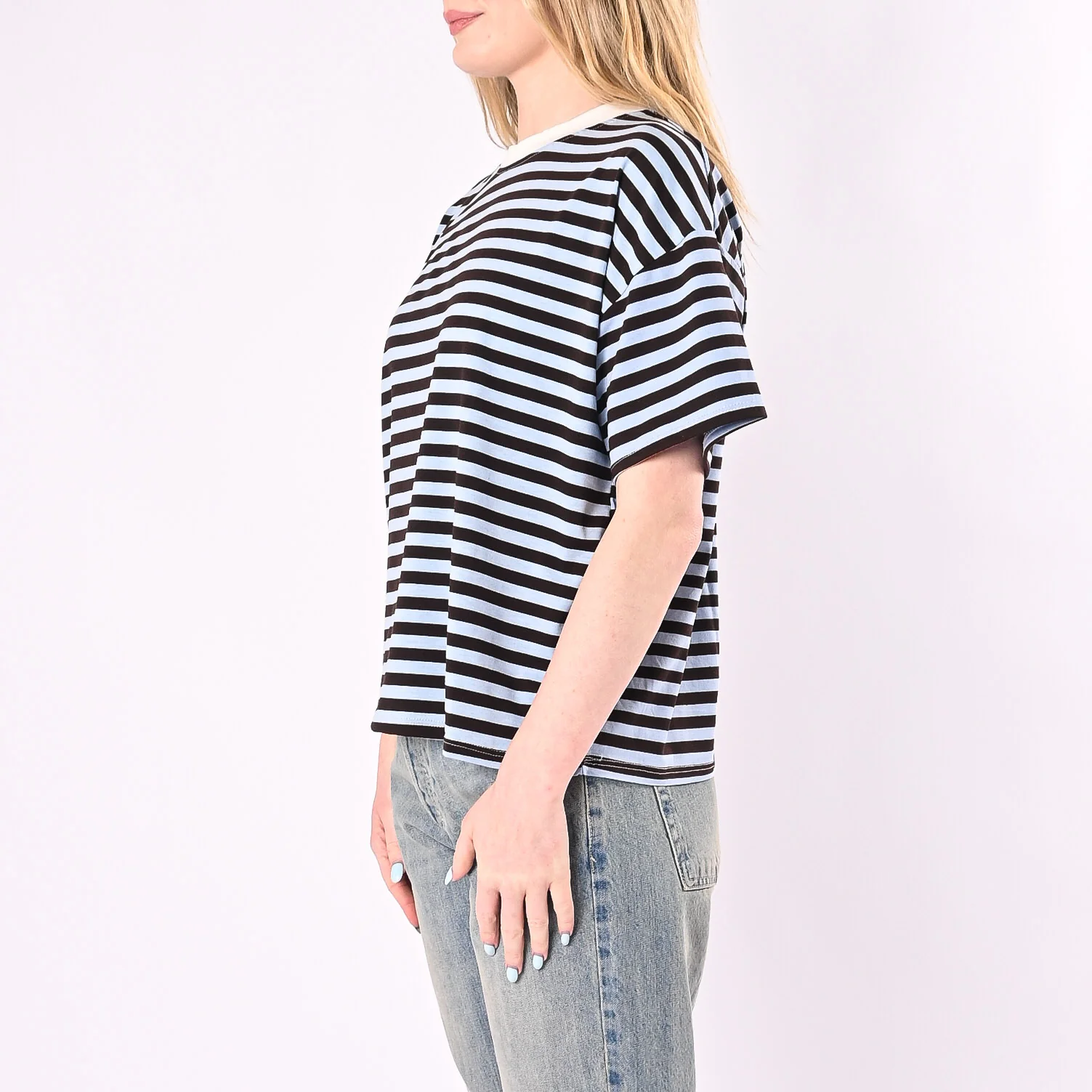 HAVEONE - T-SHIRT RIGHE COLLO CONTRASTO ART.MJS-Q164/CMB - CELESTE/MORO/BURRO - Image 3