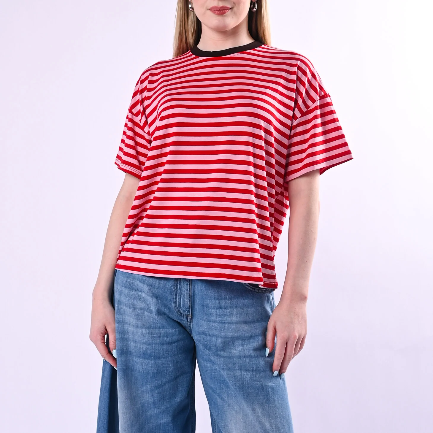 HAVEONE - T-SHIRT RIGHE COLLO CONTRASTO ART.MJS-Q164/RRM - ROSA/ROSSO/MORO