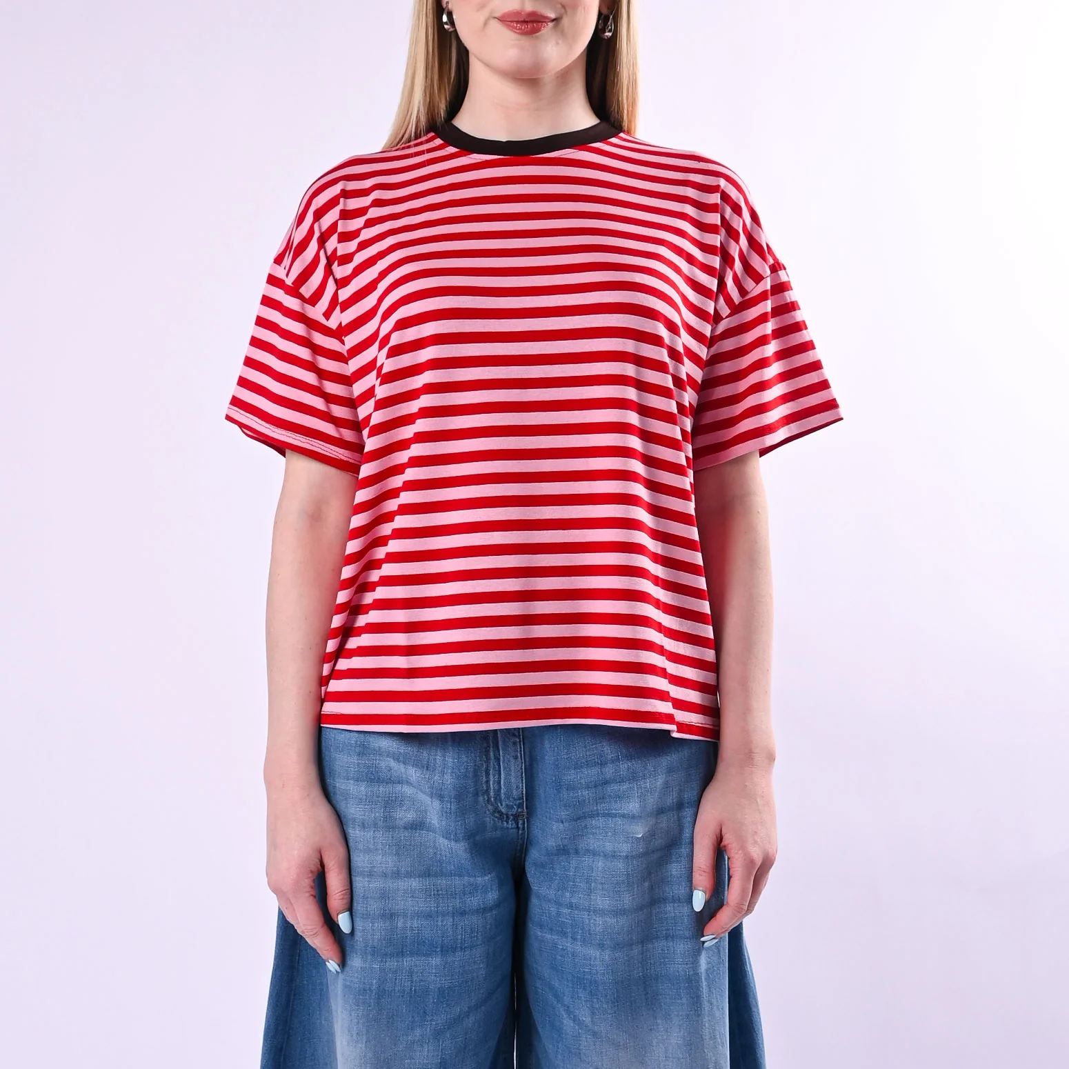 HAVEONE - T-SHIRT RIGHE COLLO CONTRASTO ART.MJS-Q164/RRM - ROSA/ROSSO/MORO - Image 2