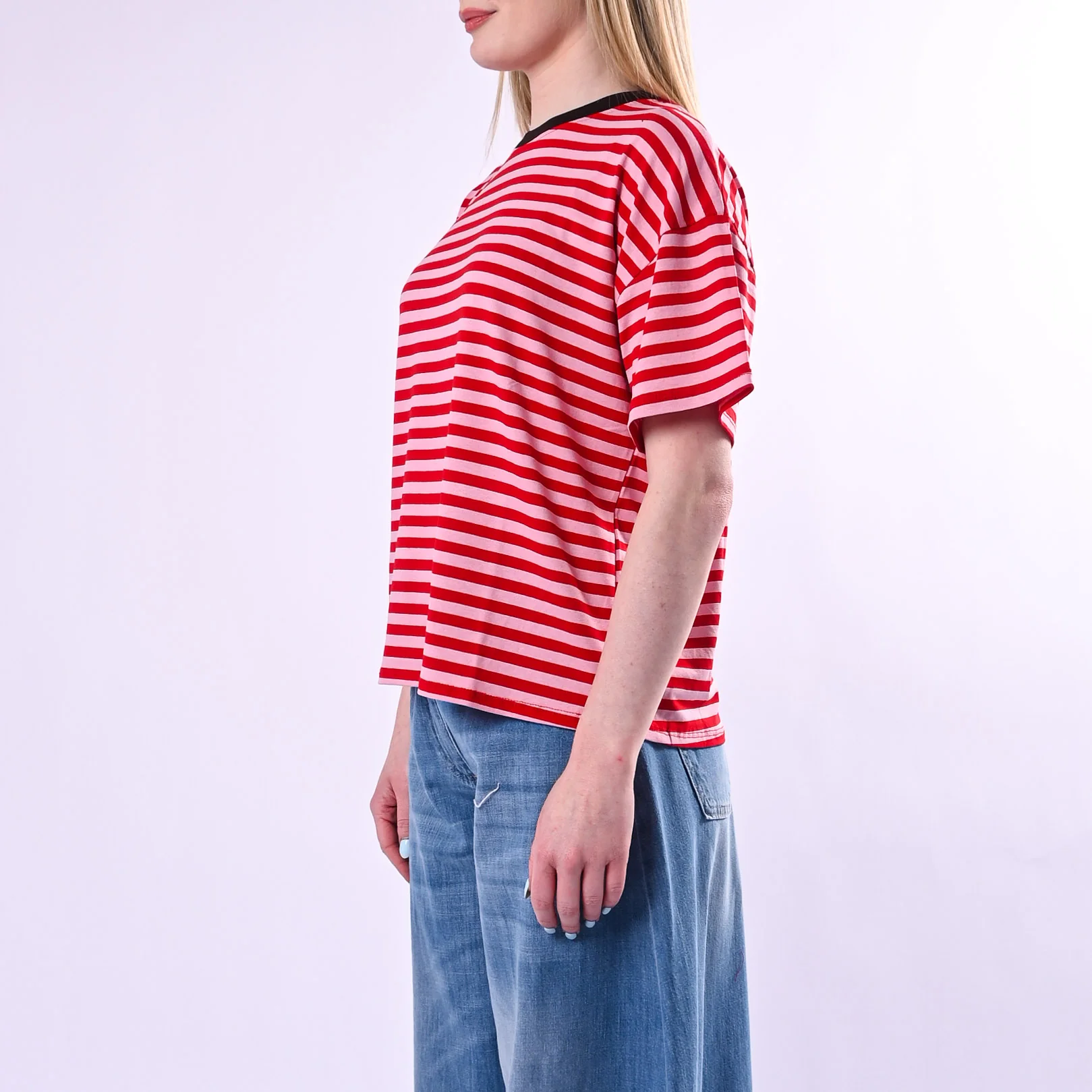 HAVEONE - T-SHIRT RIGHE COLLO CONTRASTO ART.MJS-Q164/RRM - ROSA/ROSSO/MORO - Image 3
