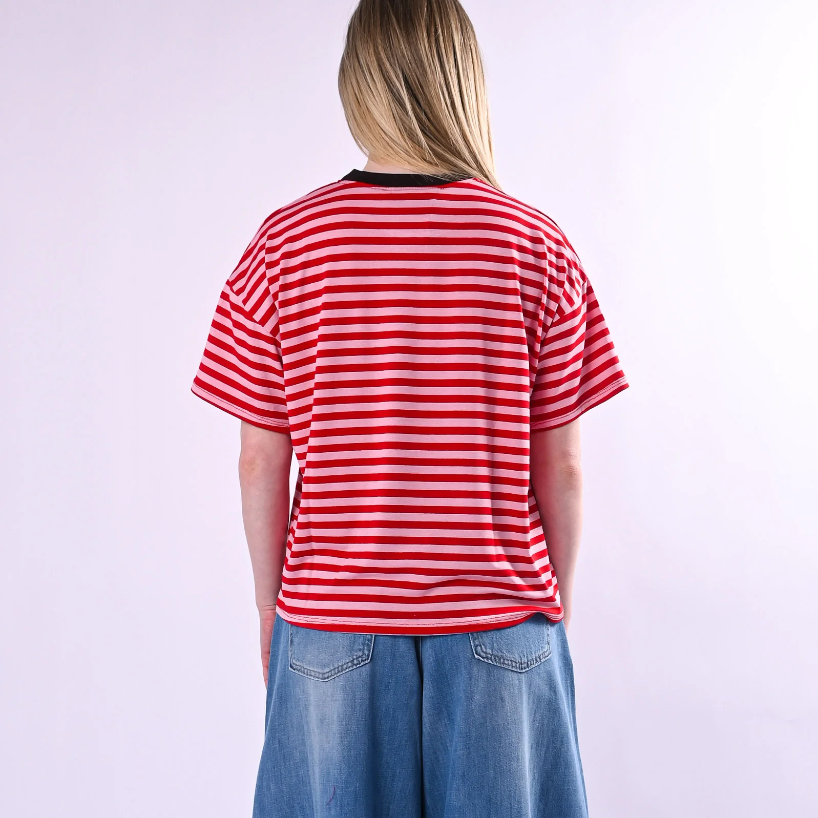 HAVEONE - T-SHIRT RIGHE COLLO CONTRASTO ART.MJS-Q164/RRM - ROSA/ROSSO/MORO - Image 4