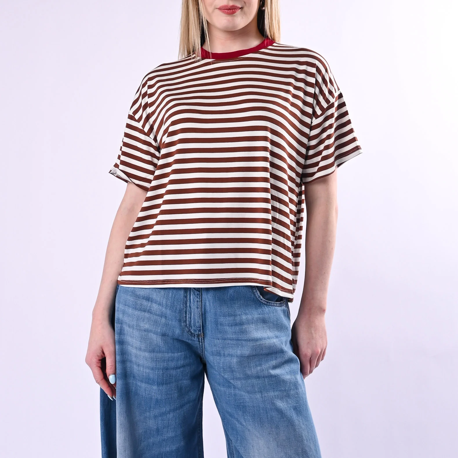 HAVEONE - T-SHIRT RIGHE COLLO CONTRASTO ART.MJS-Q164/TPI - TABACCO/PANNA/INDIA