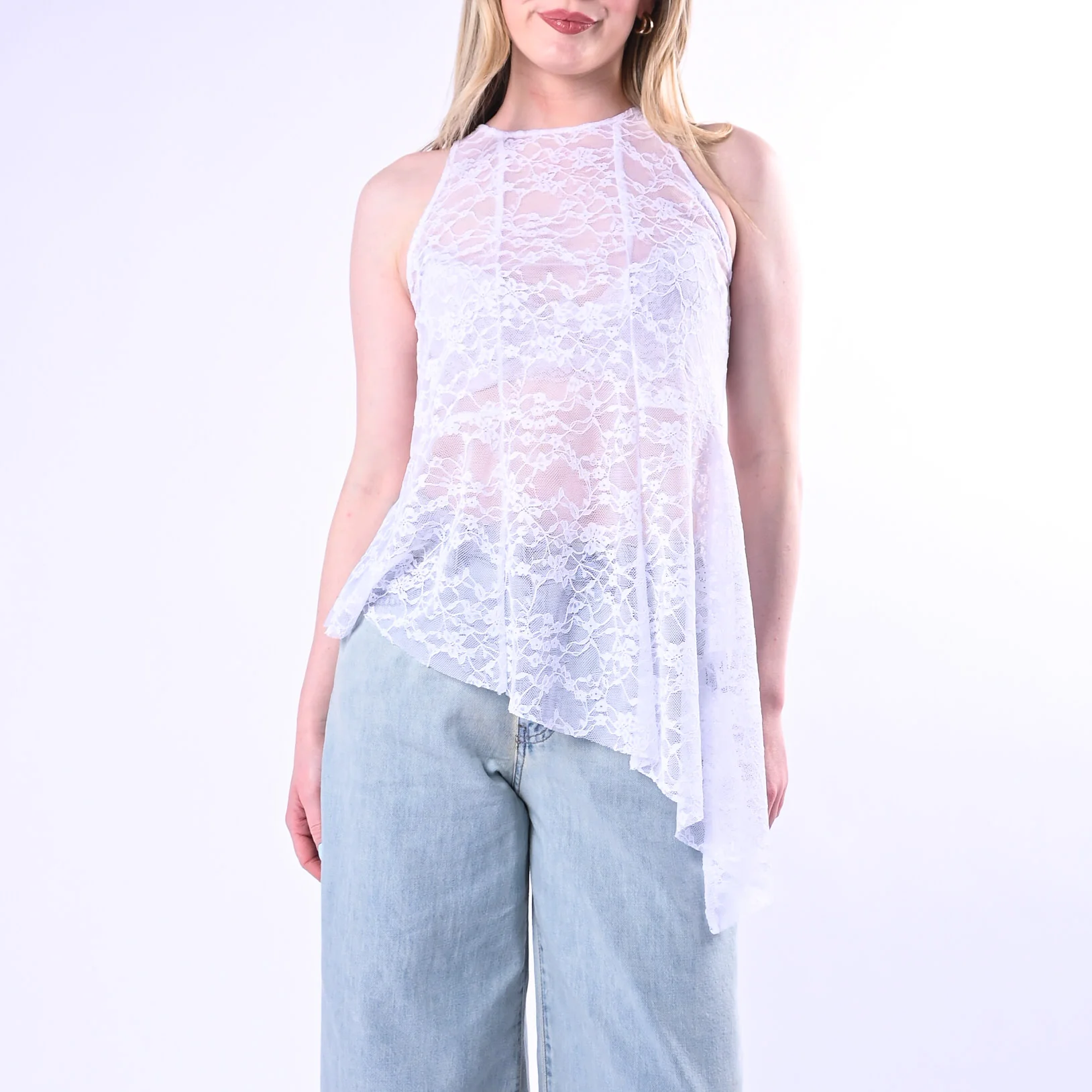 HAVEONE - TOP ASSIMMETRICO IN PIZZO ART.RPA-Q139/B - BIANCO