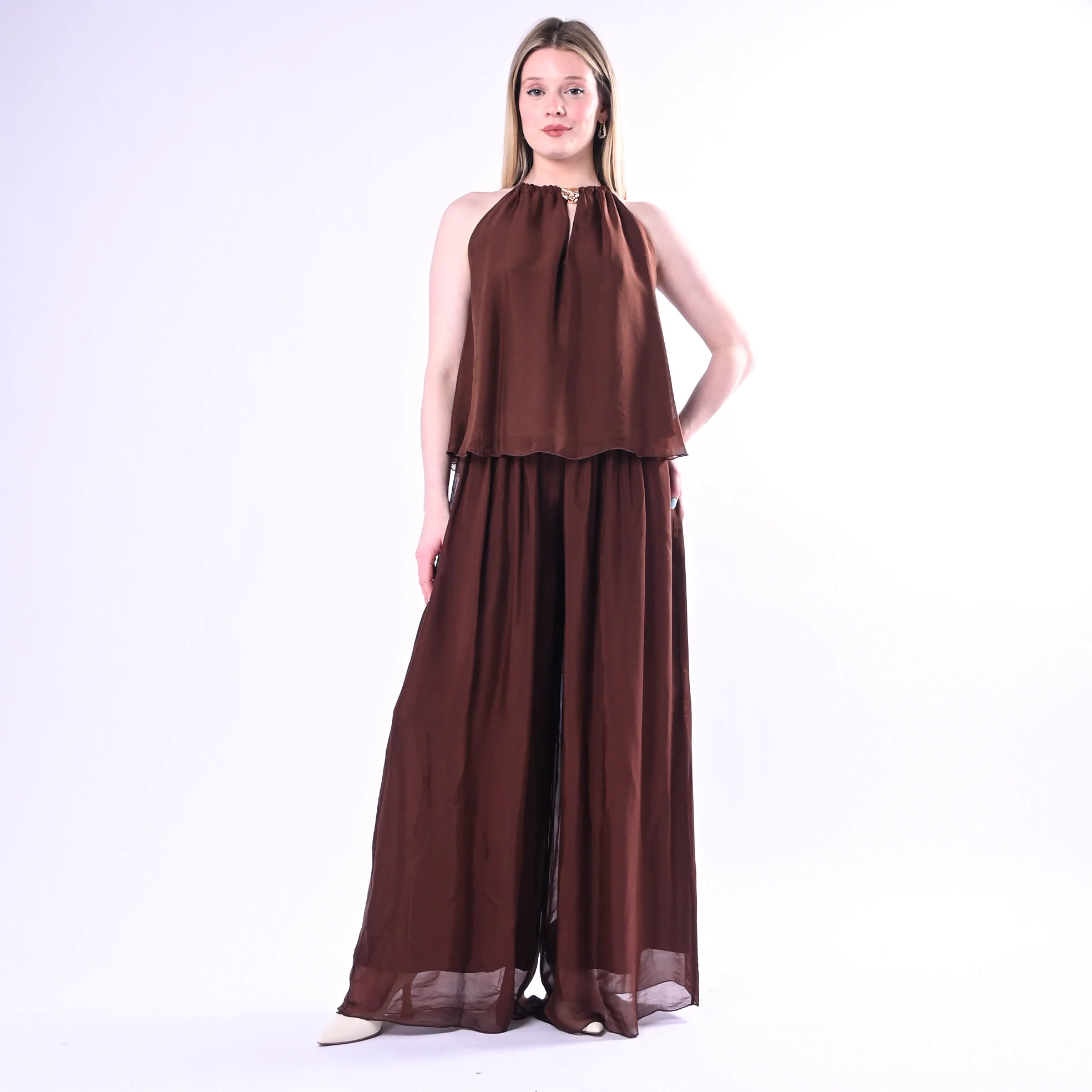 HAVEONE - TOP SCOLLO AMERICANA CON ACCCESSORIO ART.RFF-Q009/C - CIOCCOLATO