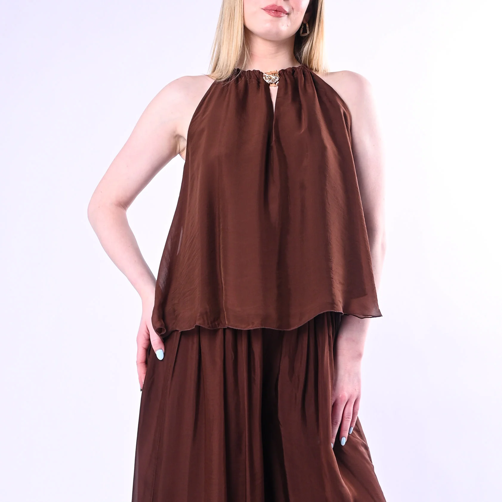 HAVEONE - TOP SCOLLO AMERICANA CON ACCCESSORIO ART.RFF-Q009/C - CIOCCOLATO - Image 2