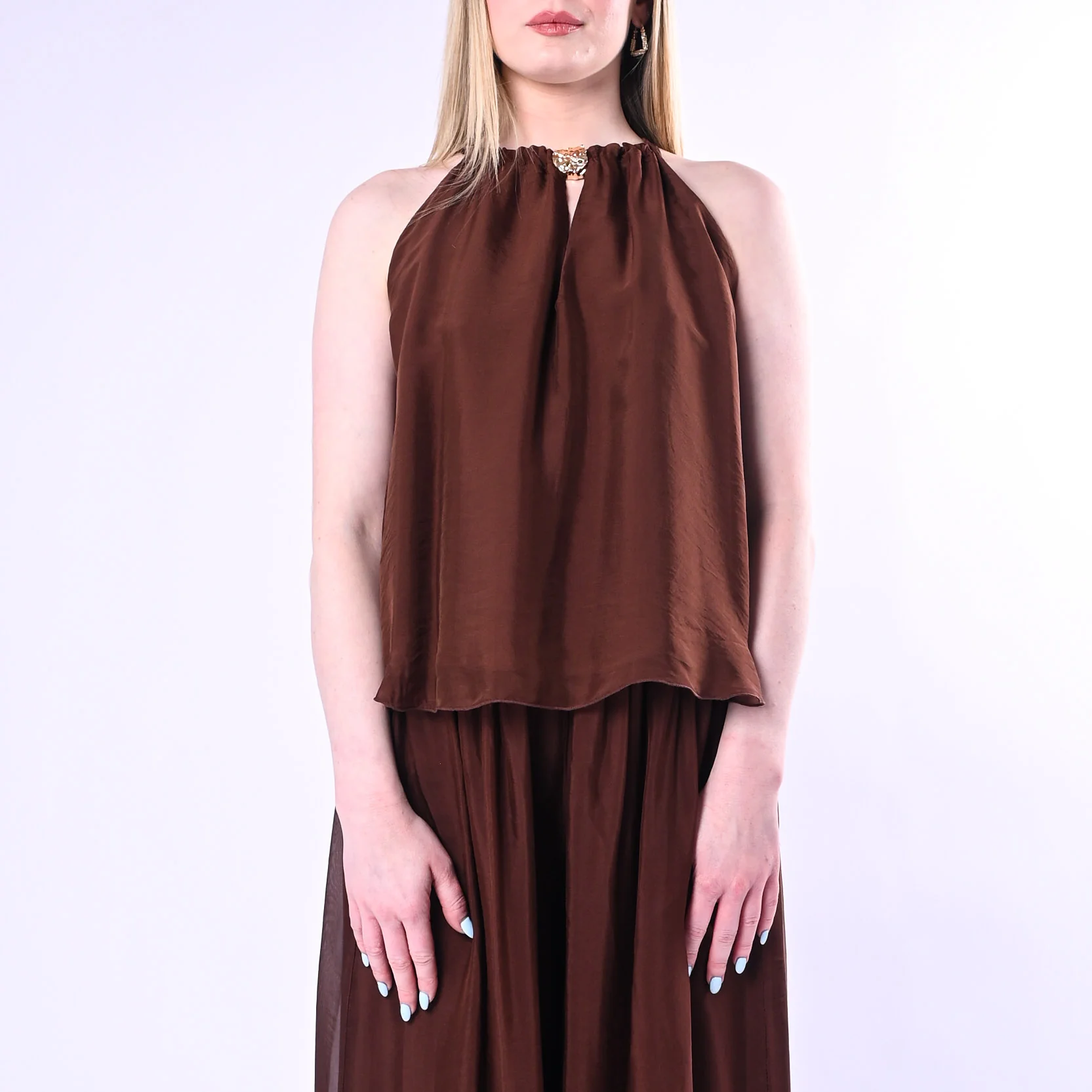 HAVEONE - TOP SCOLLO AMERICANA CON ACCCESSORIO ART.RFF-Q009/C - CIOCCOLATO - Image 3