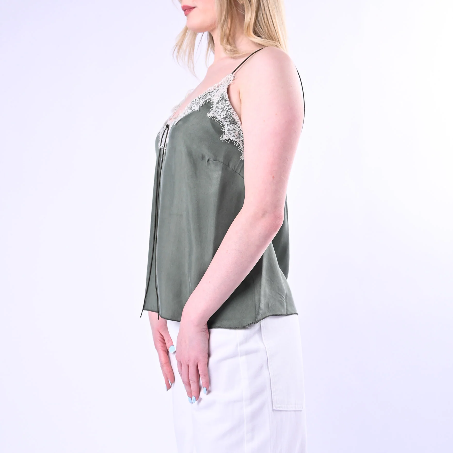 HAVEONE - TOP SPALLINA CON INSERTO PIZZO ART.RNO-Q106/M - MILITARE - Image 3
