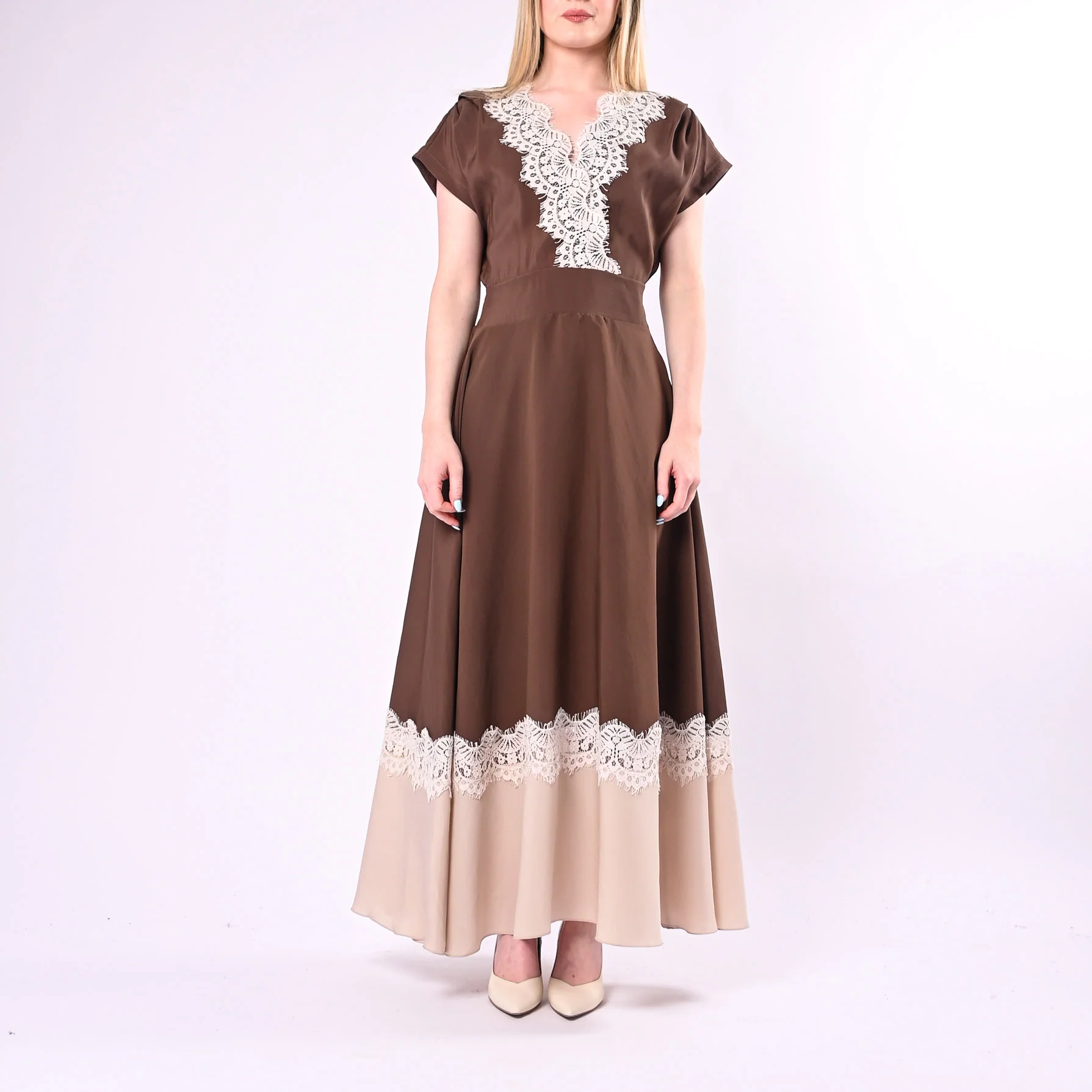 MOTEL - ABITO LUNGO BICOLORE CON INSERTO PIZZO ART.A50825/MG - MORO/GESSO - Image 2
