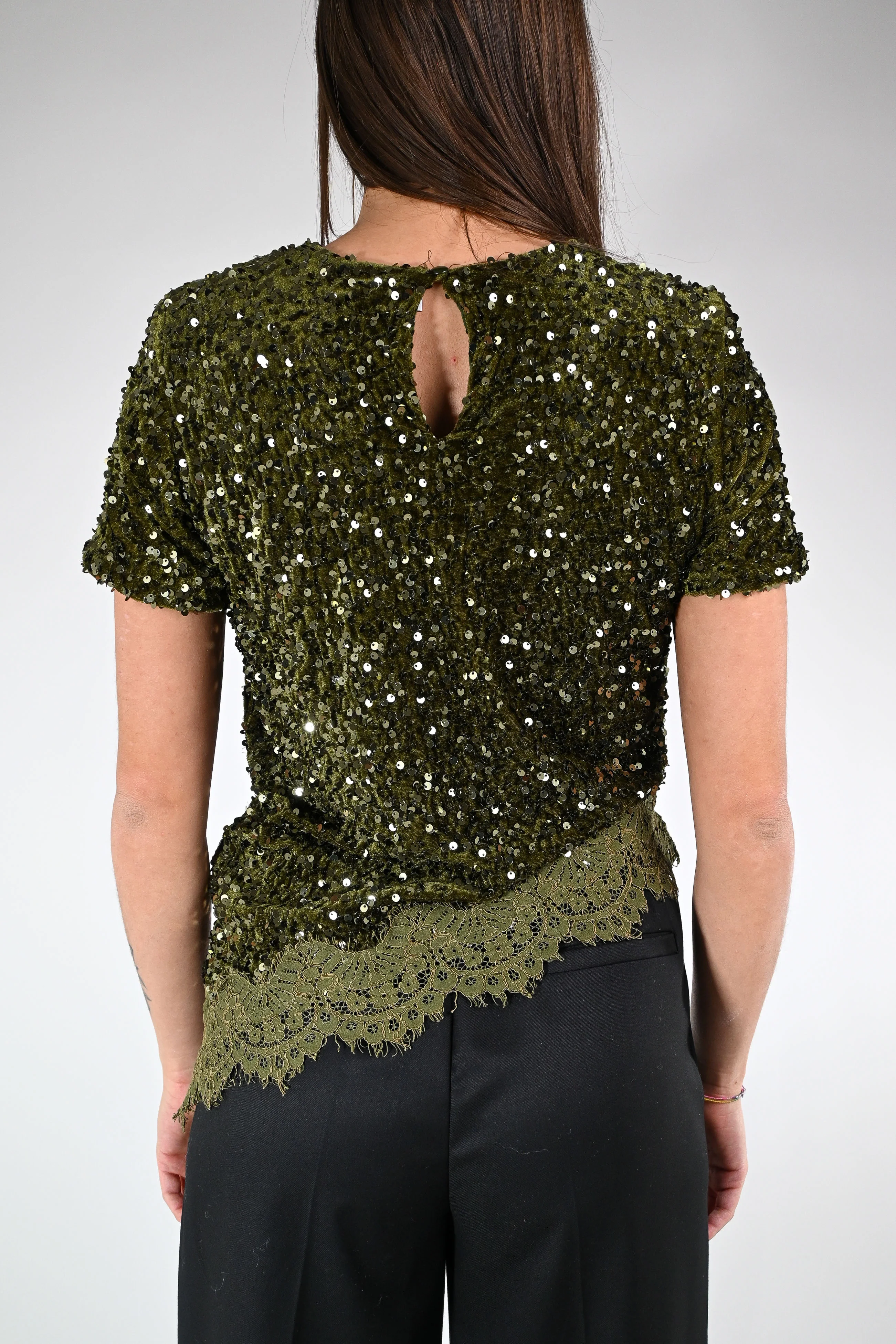 MOTEL - BLUSA PAILLETTES ASIMMETRICA+PIZZO ART.W25CC74 - MILITARE - Image 4