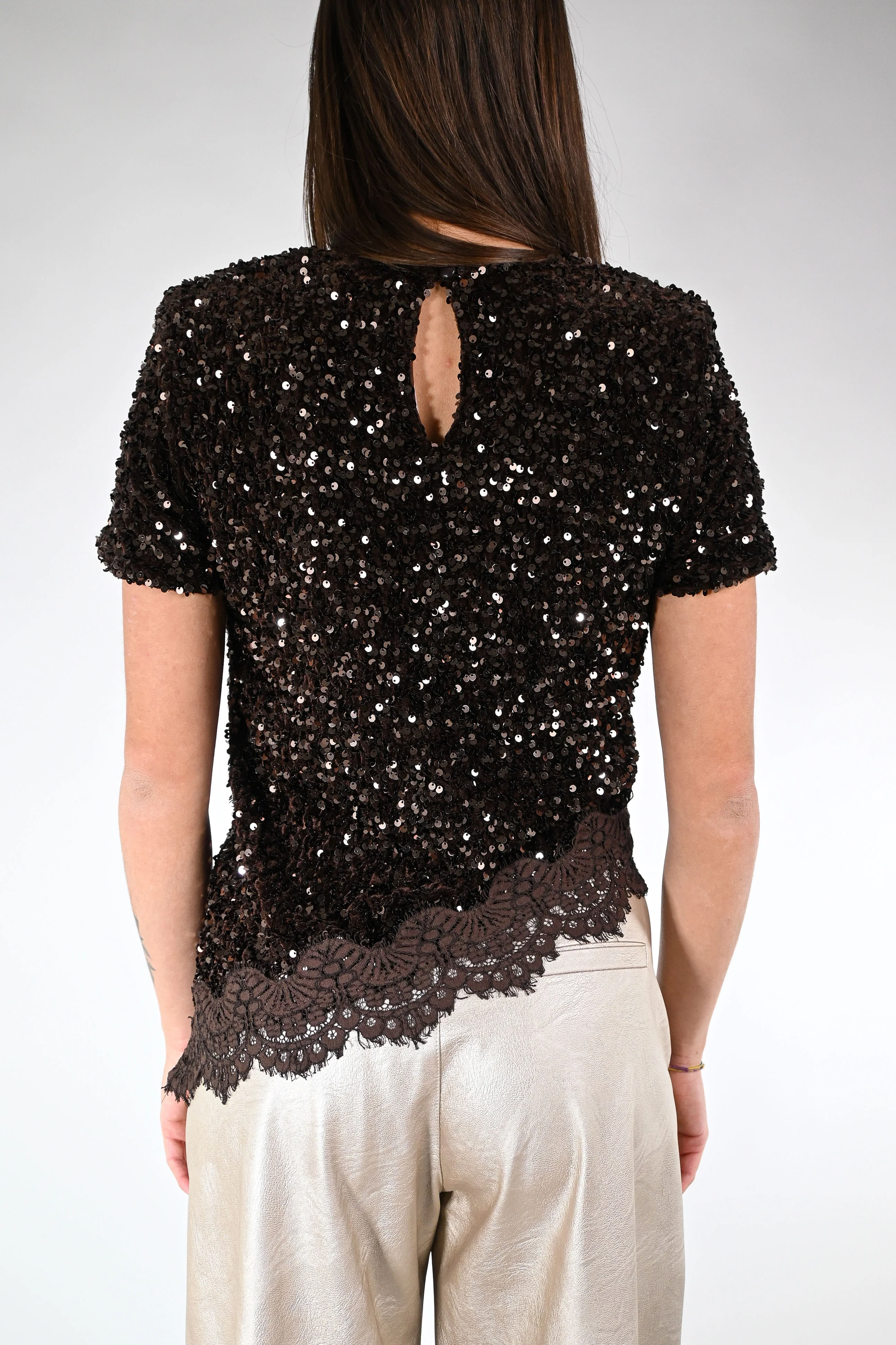 MOTEL - BLUSA PAILLETTES ASIMMETRICA+PIZZO ART.W25CC74 - MORO - Image 4