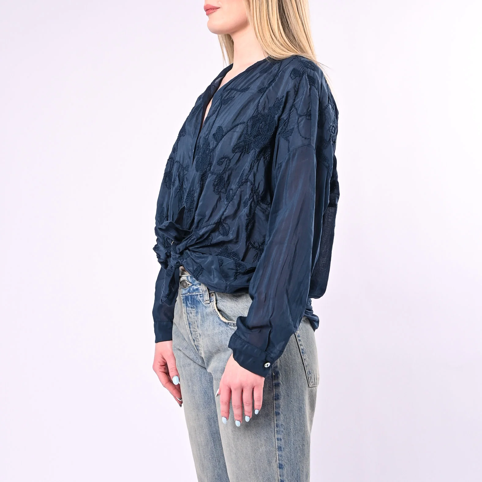 MOTEL - CAMICIA COTONE/SETA CON RICAMI FLOREALI ART.S26C346/B - BLU - Image 3