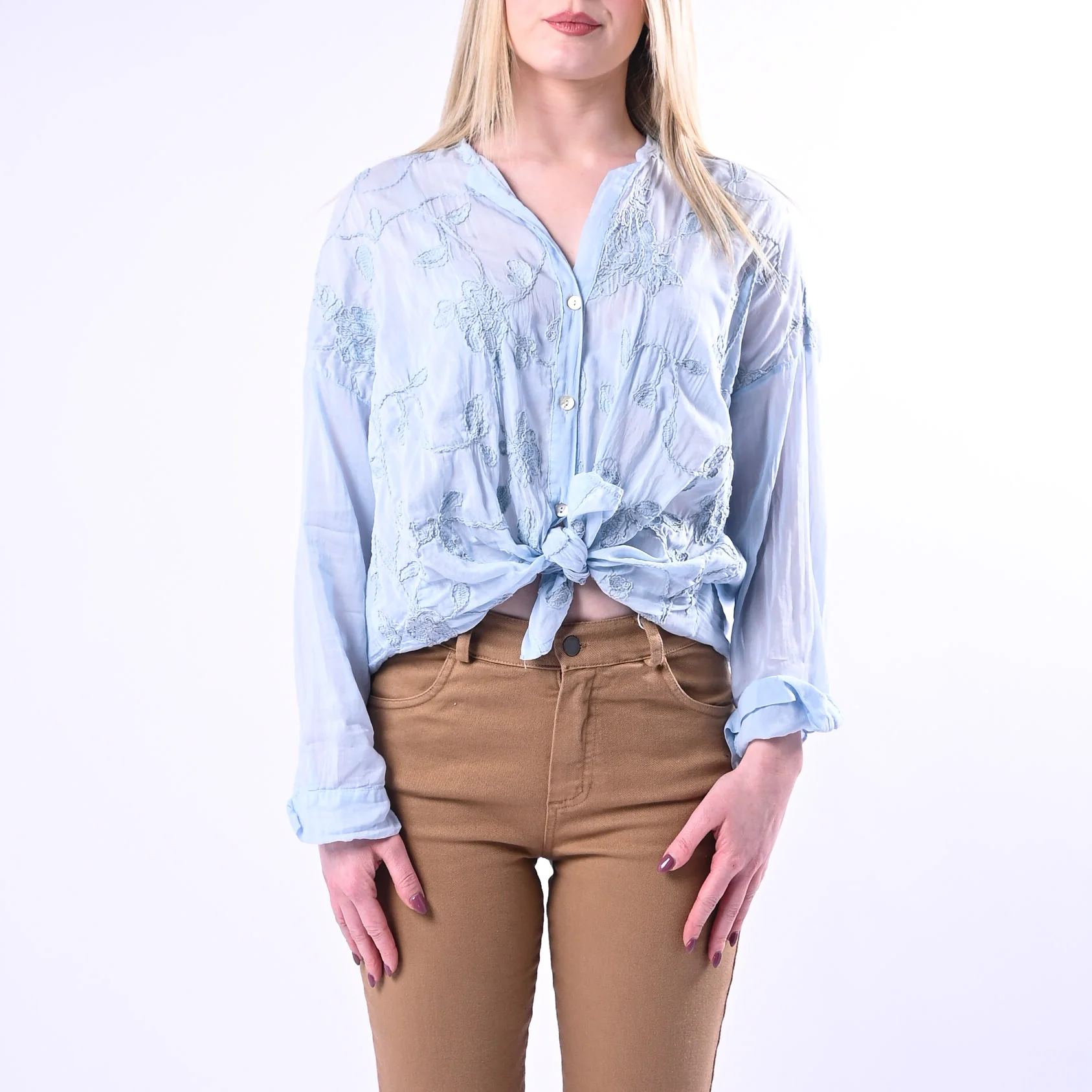 MOTEL - CAMICIA COTONE/SETA CON RICAMI FLOREALI ART.S26C346 - CELESTE - Image 2