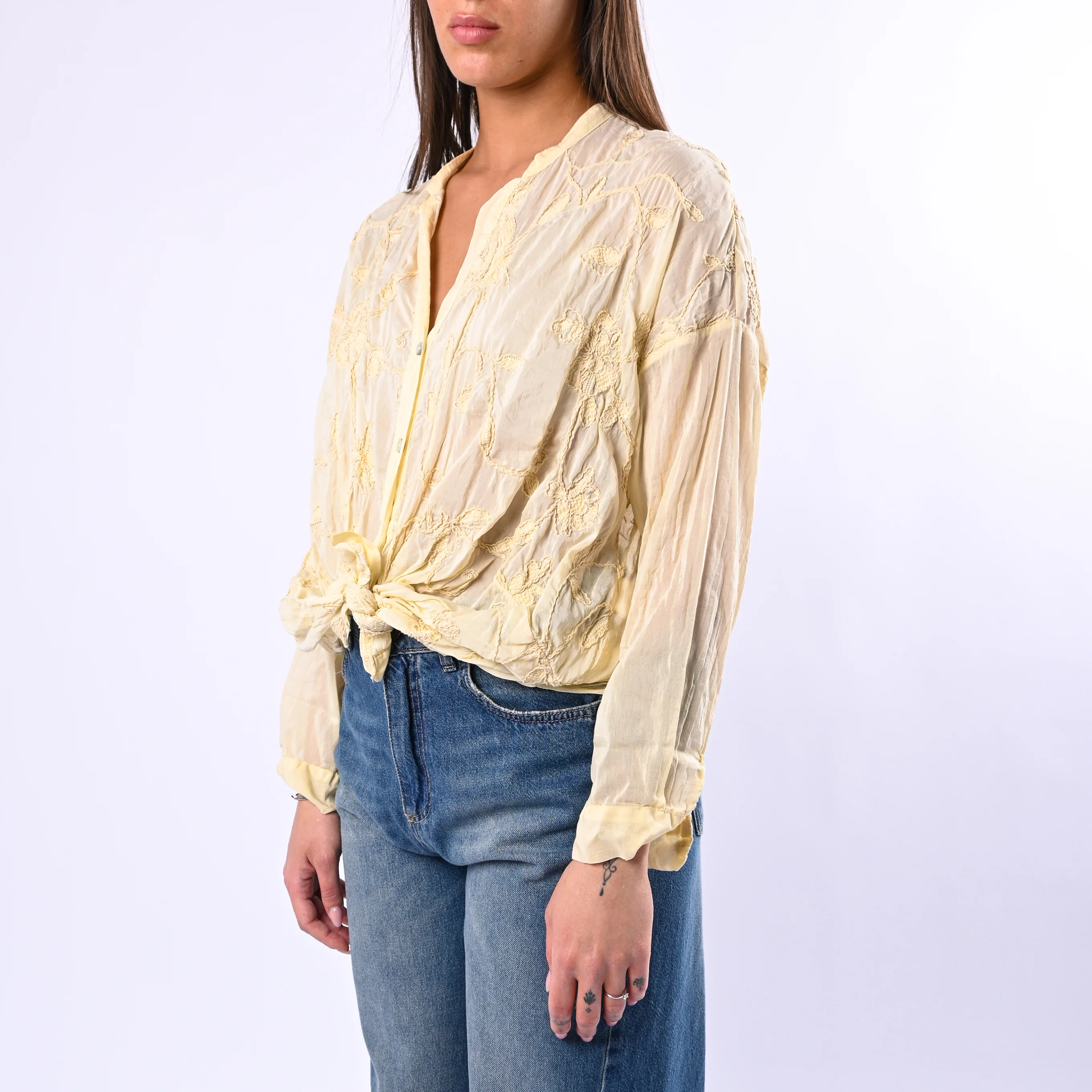 MOTEL - CAMICIA COTONE/SETA CON RICAMI FLOREALI ART.S26C346 - GIALLINO - Image 3