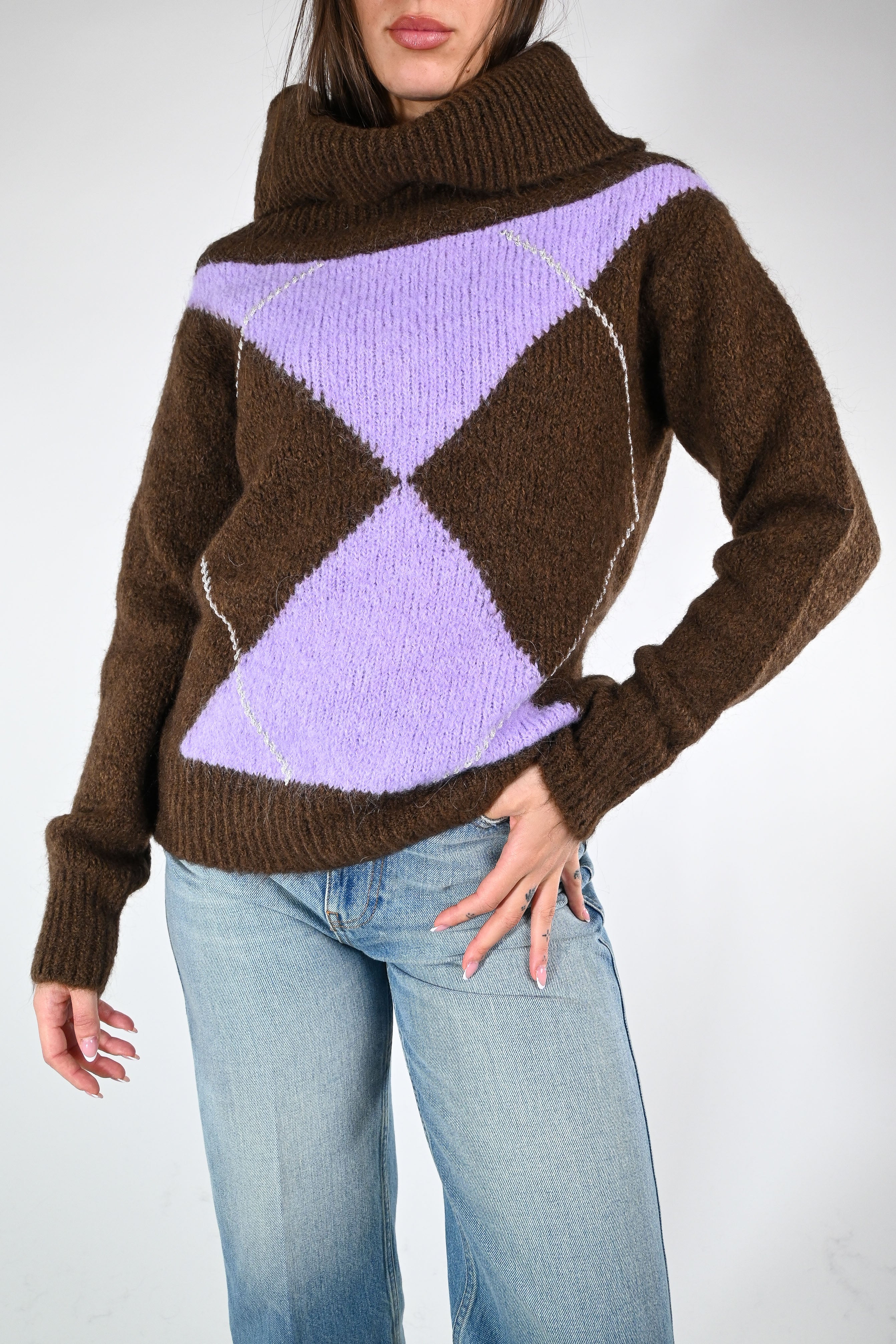 MOTEL - MAGLIA COLLO SHIFFER A ROMBI ART.1225MO - MORO/GLICINE