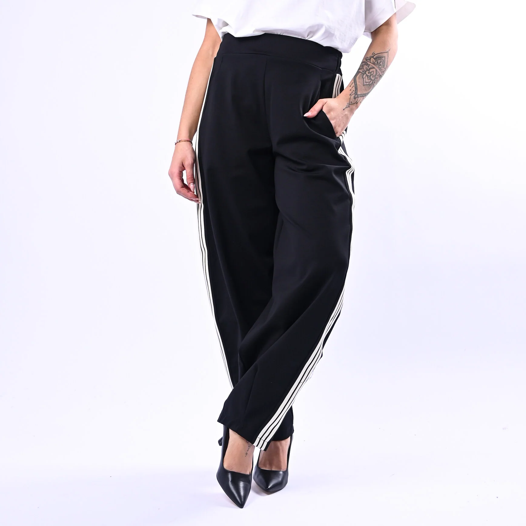 MOTEL - PANTALONE BALLOON PUNTO MILANO CON BANDA ART.38615G - NERO