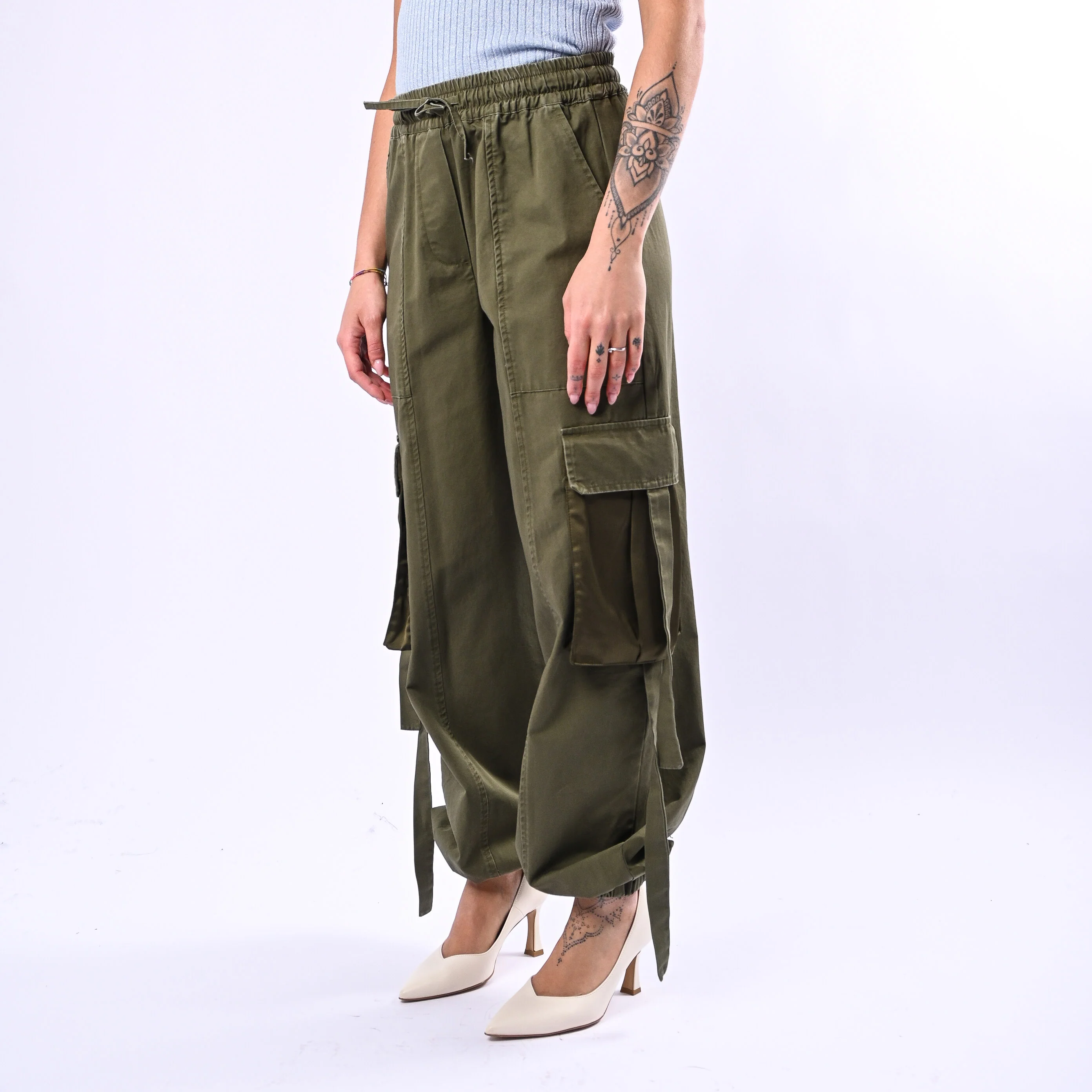 MOTEL - PANTALONE CARGO CON COULISSE ART.38369G - VERDE MILITARE - Image 3